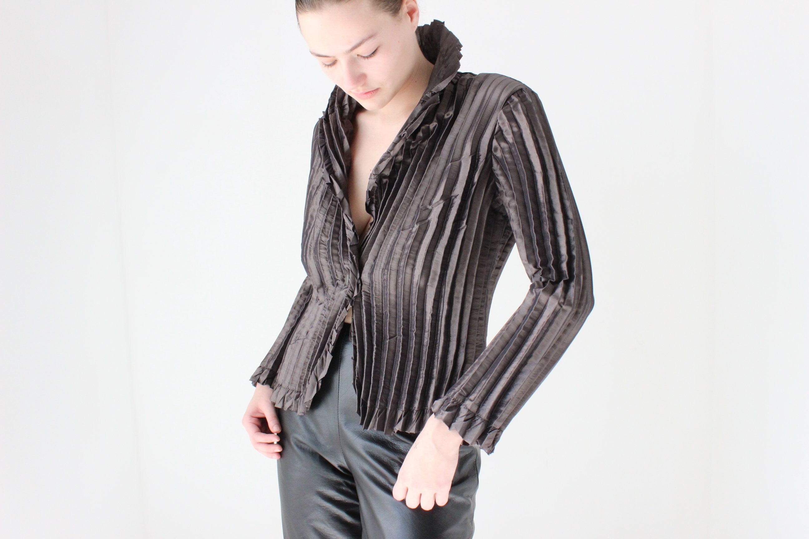 Y2K Metallic Pleated Crinkle Stretch Ruffle Top