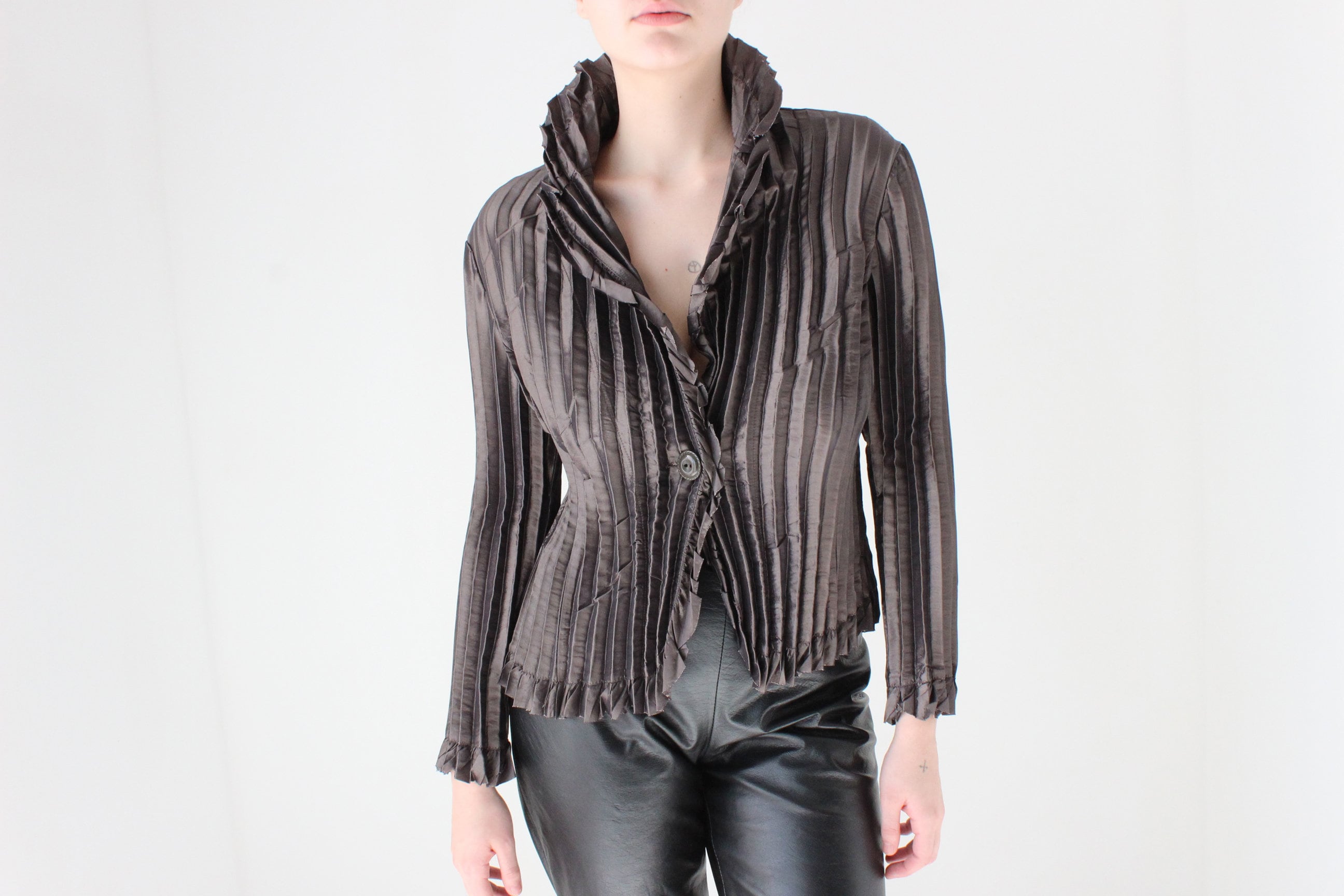 Y2K Metallic Pleated Crinkle Stretch Ruffle Top