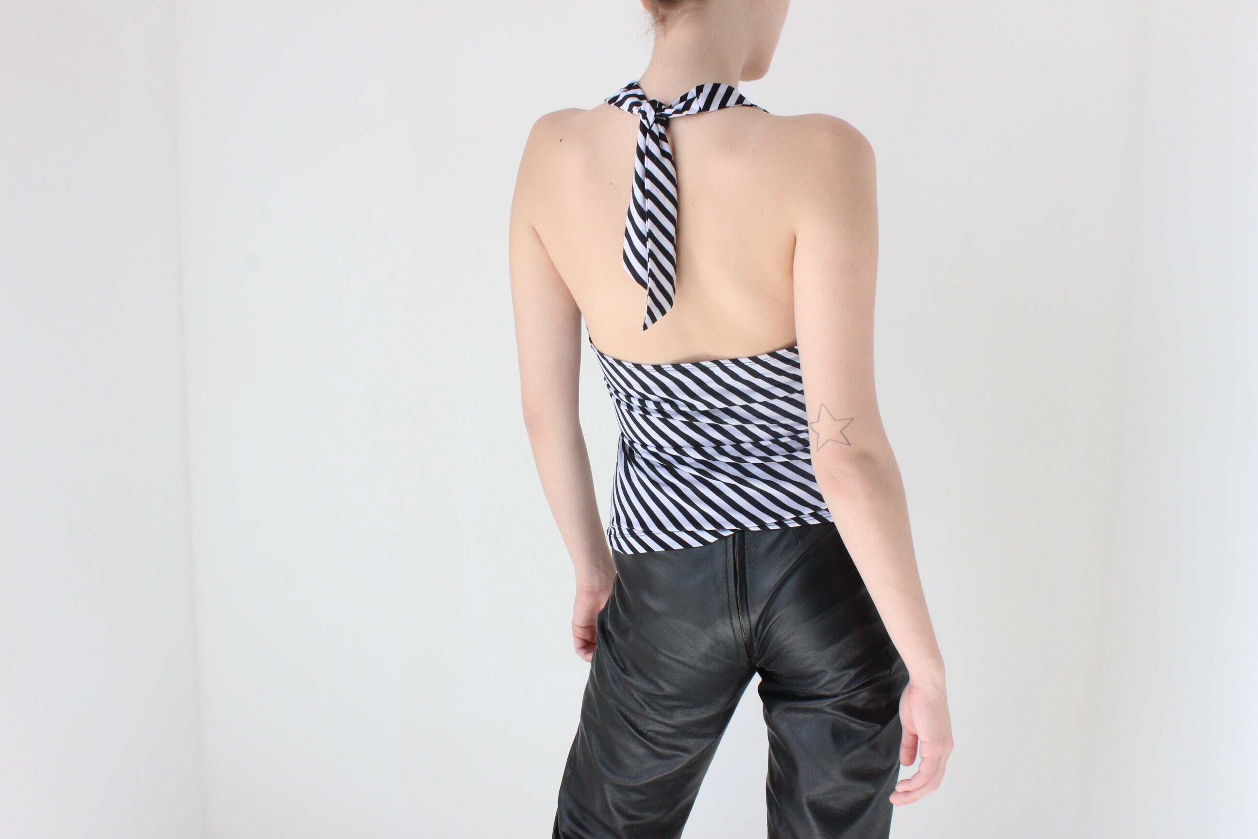 Y2K Black & White Monochrome Stripe Halter Neck Tank