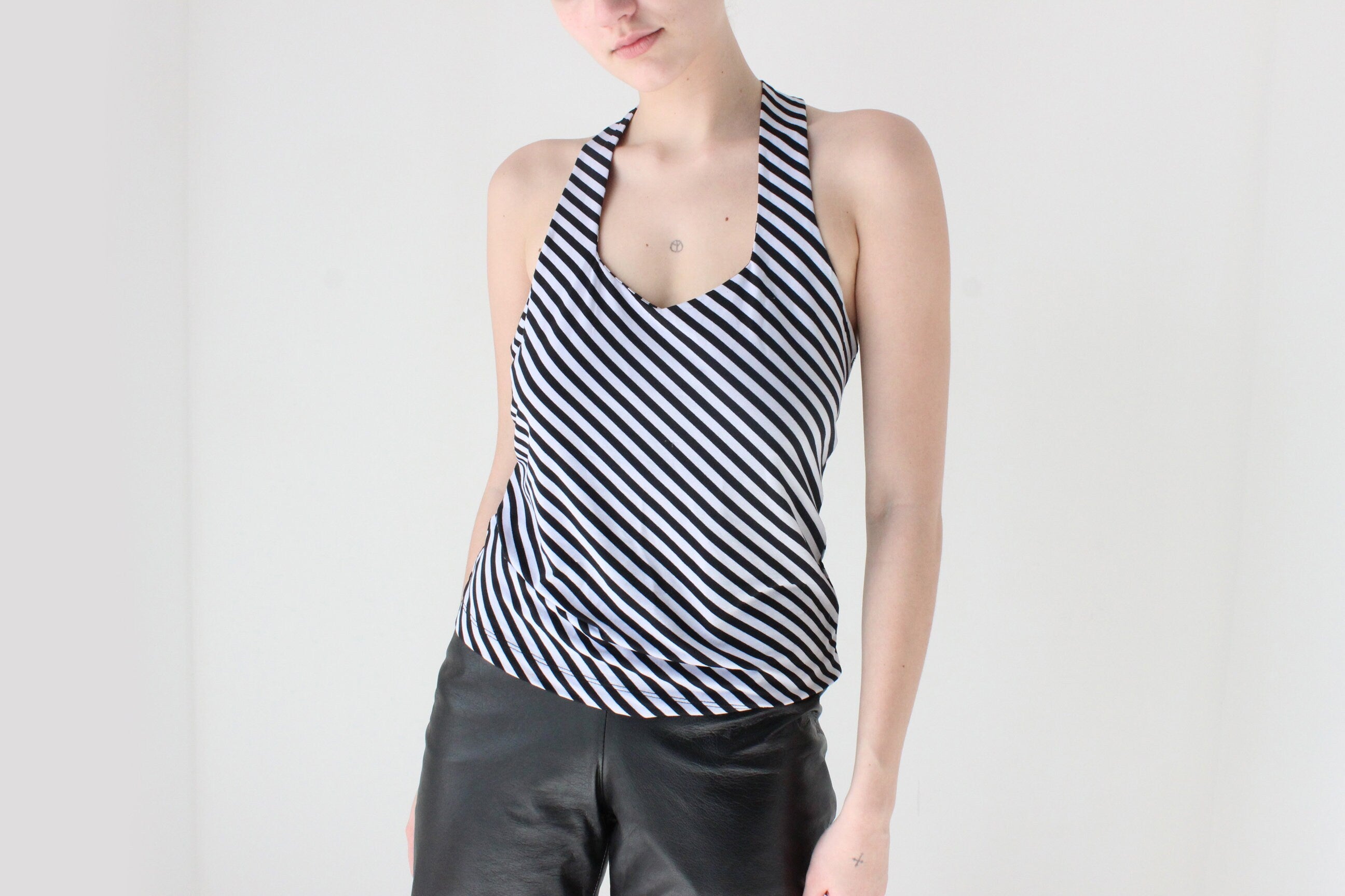 Y2K Black & White Monochrome Stripe Halter Neck Tank