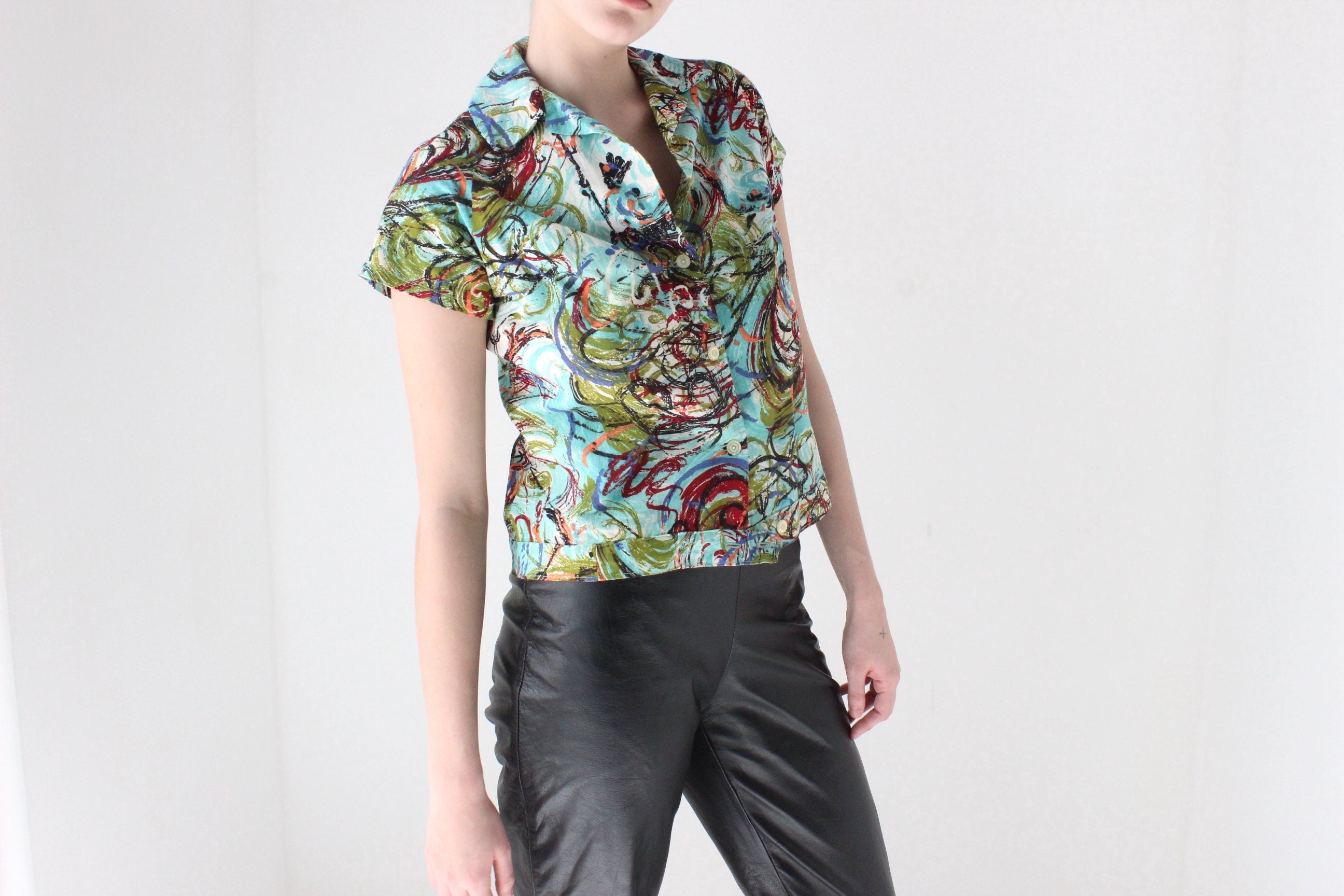 80s Abstract Paint Spatter Boxy Cotton Button Up
