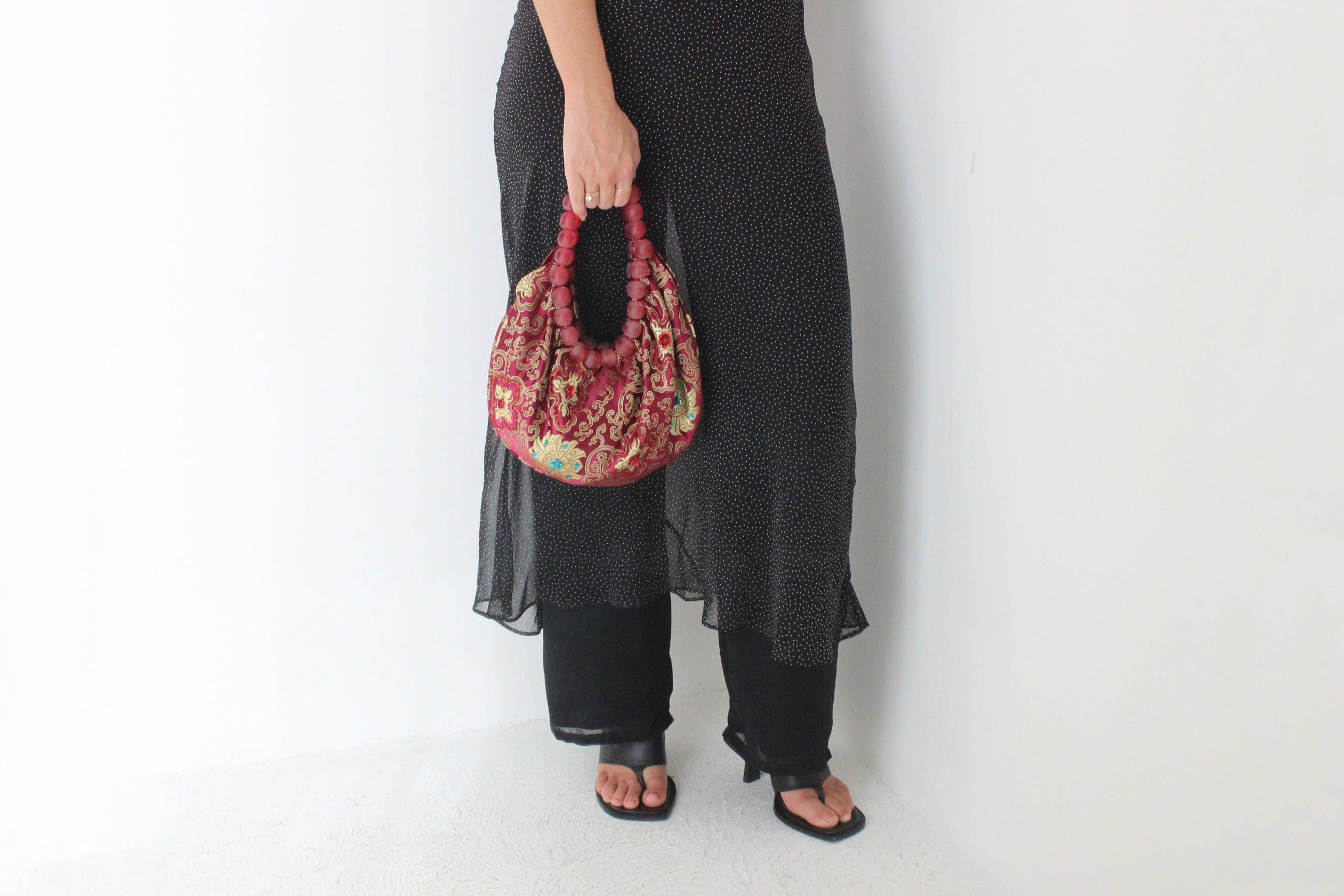 Y2K Dragonfly Embroidered Satin & Beaded Handle Bag