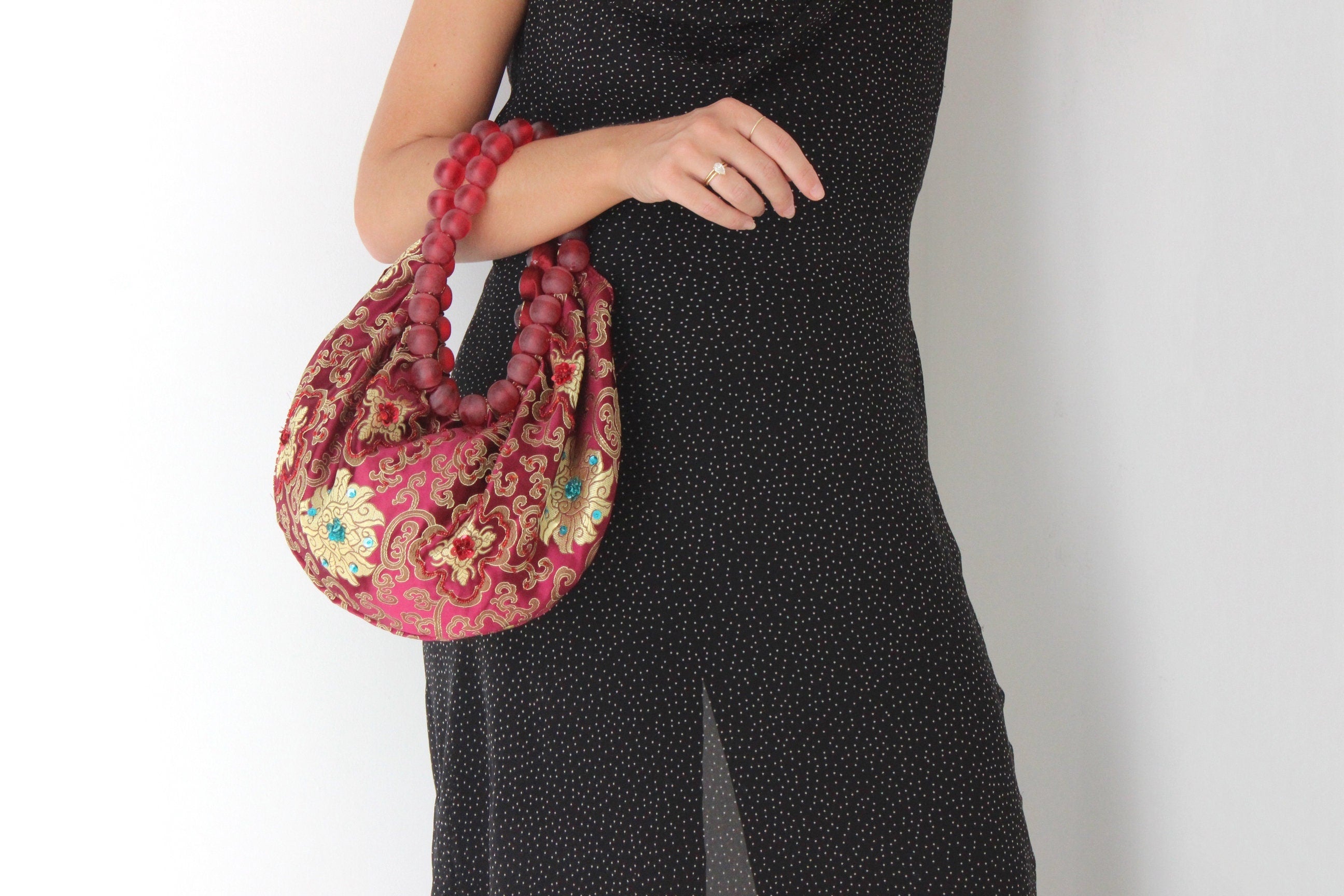 Y2K Dragonfly Embroidered Satin & Beaded Handle Bag