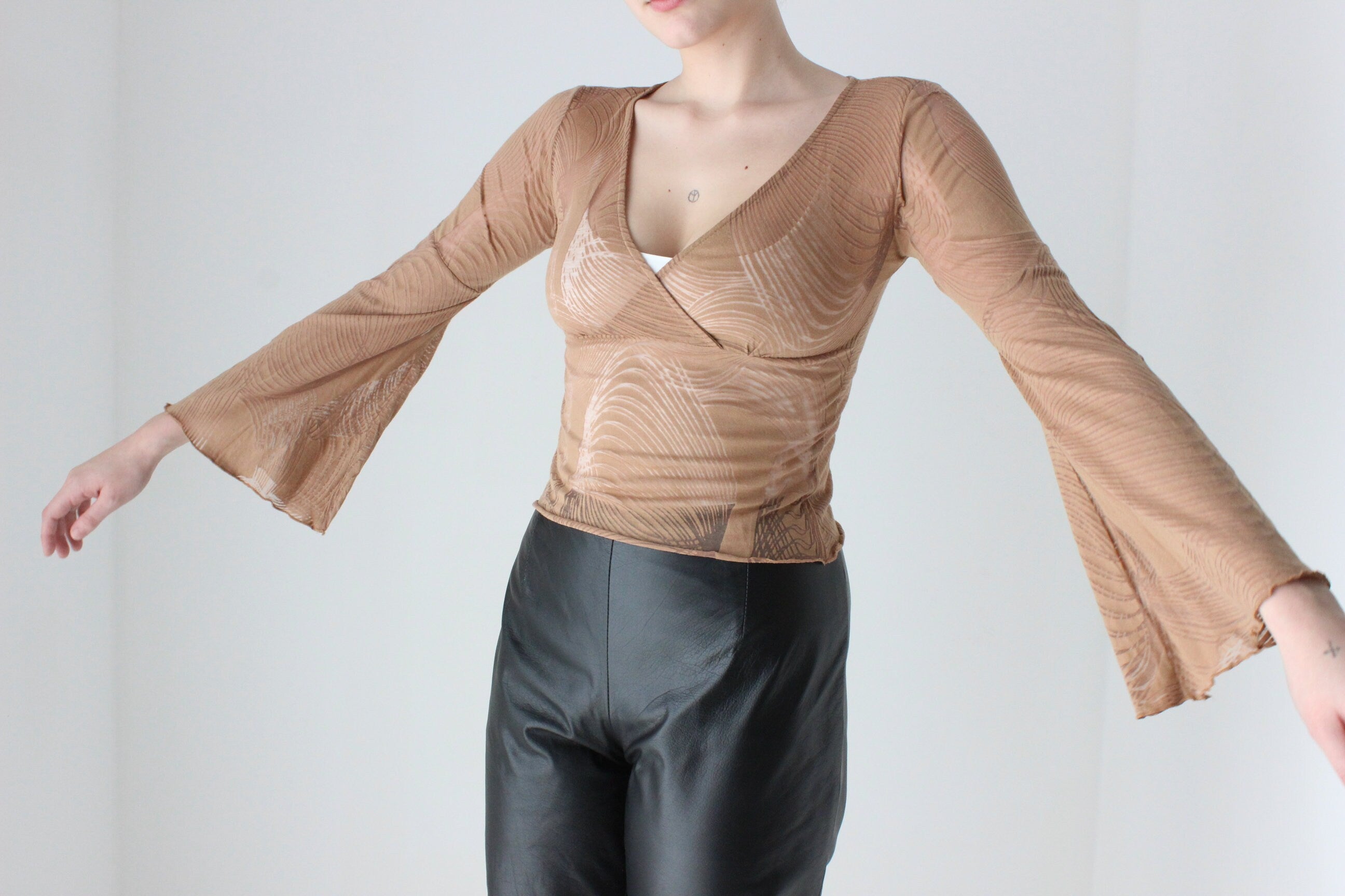 90s Sheer Caramel Burnout Mesh Flare Sleeve Top