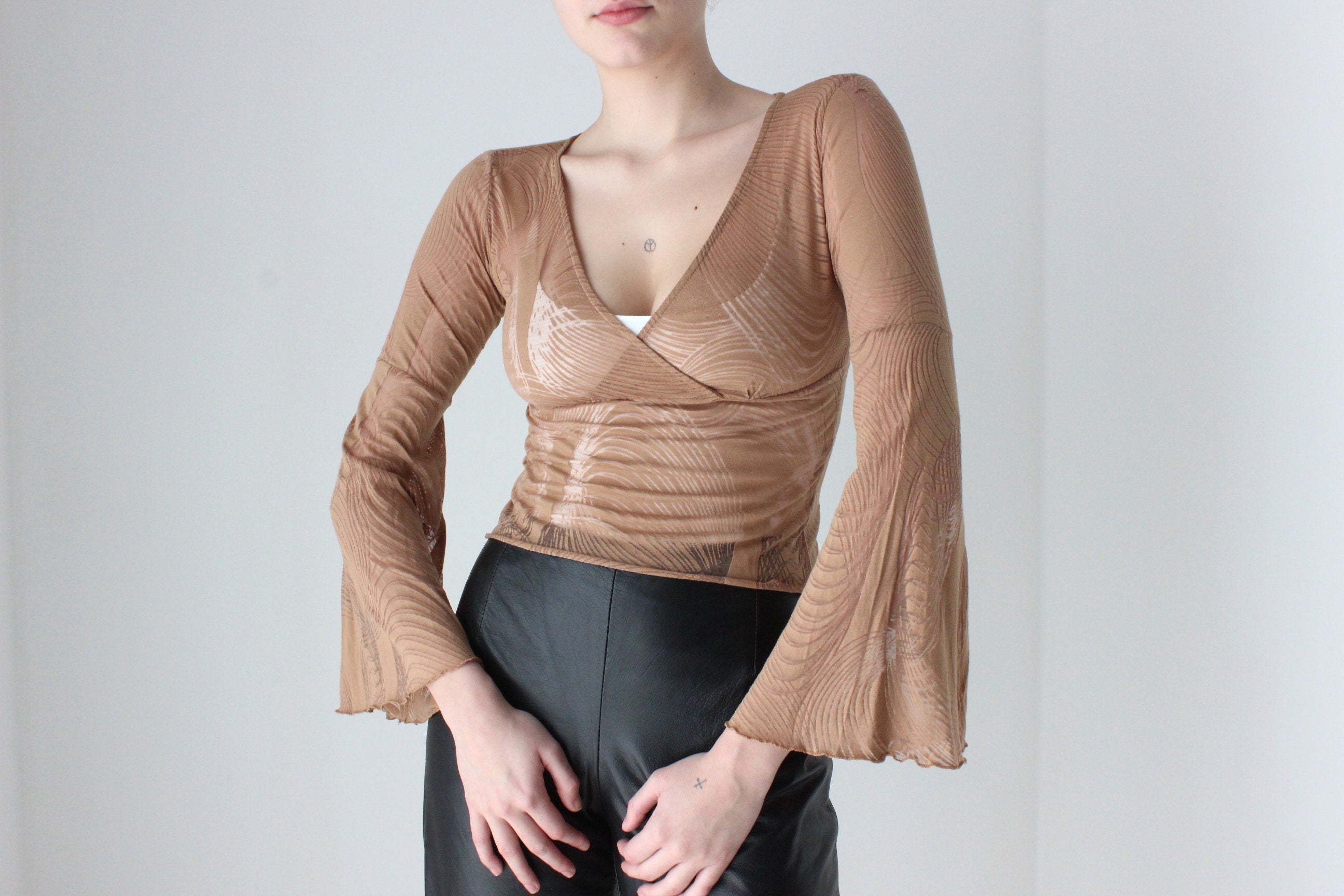 90s Sheer Caramel Burnout Mesh Flare Sleeve Top