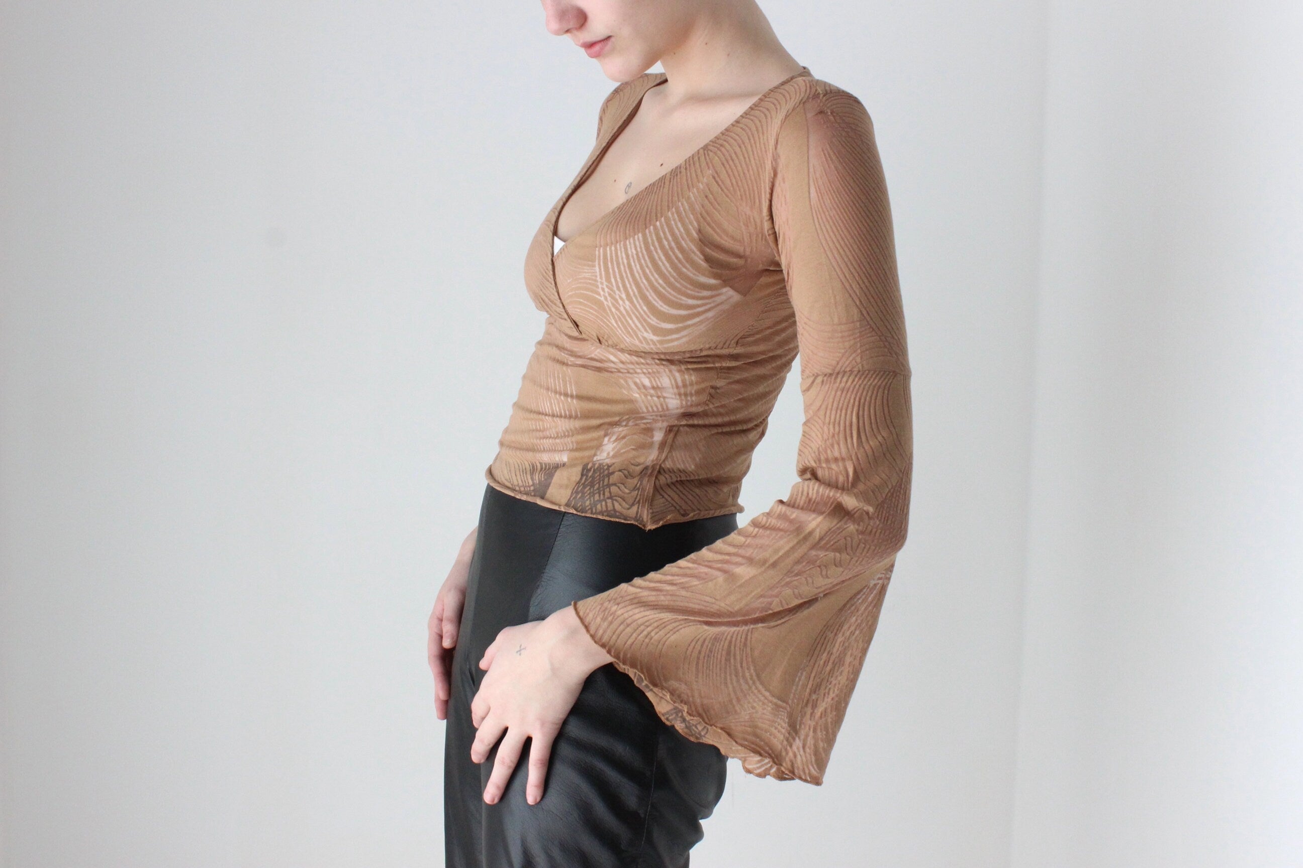 90s Sheer Caramel Burnout Mesh Flare Sleeve Top