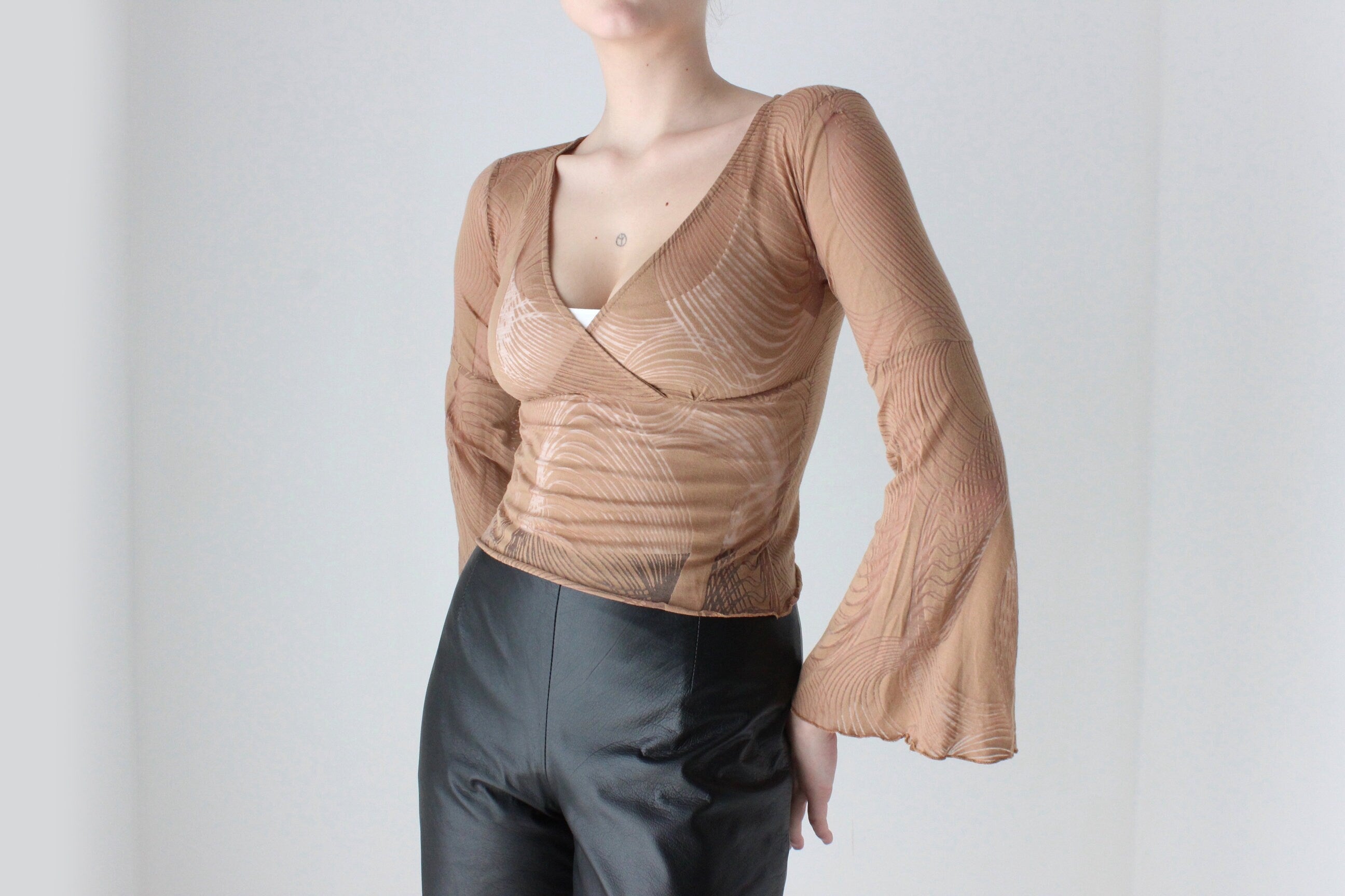 90s Sheer Caramel Burnout Mesh Flare Sleeve Top