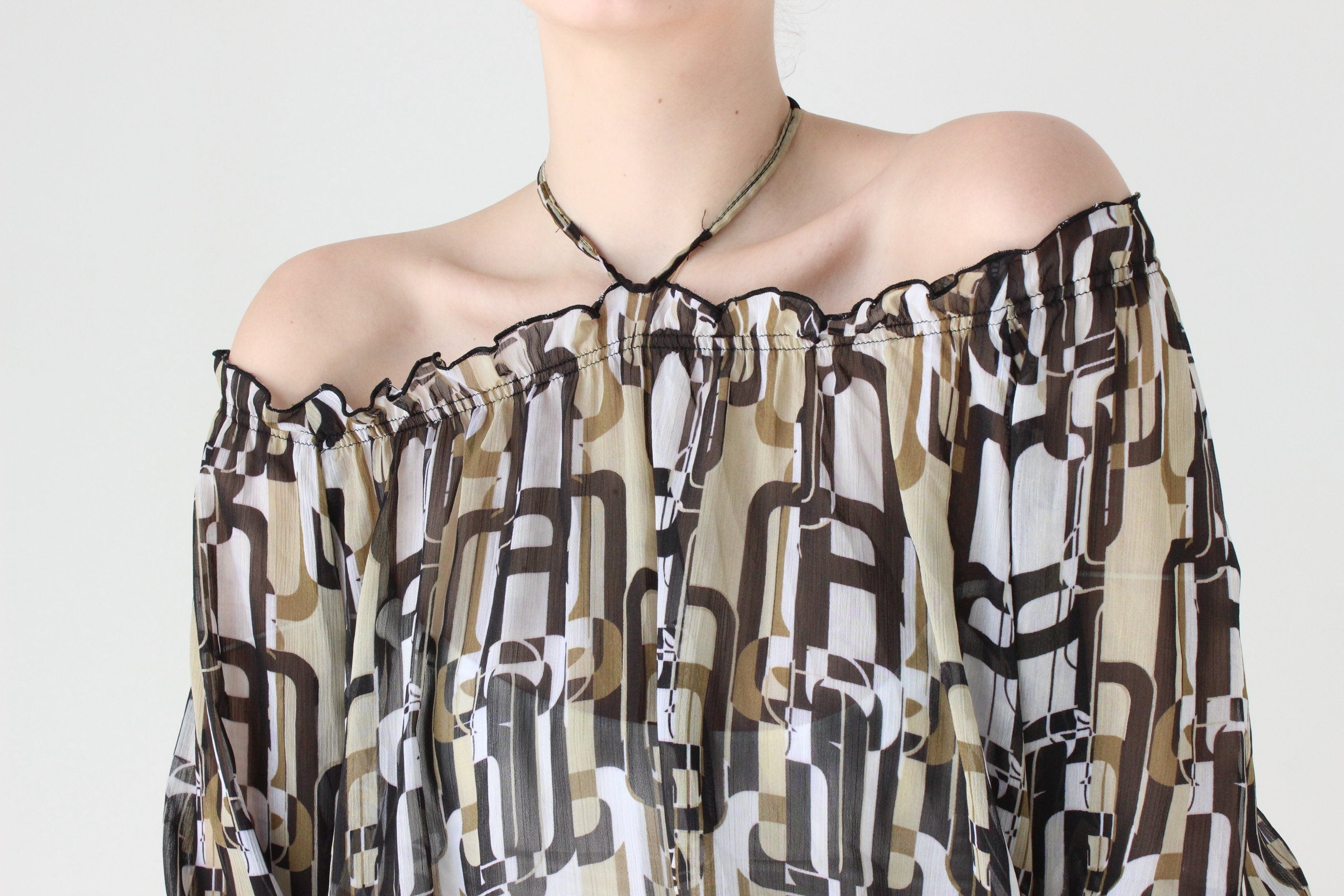 Y2K Printed Chiffon Halter / Off Shoulder Disco Top