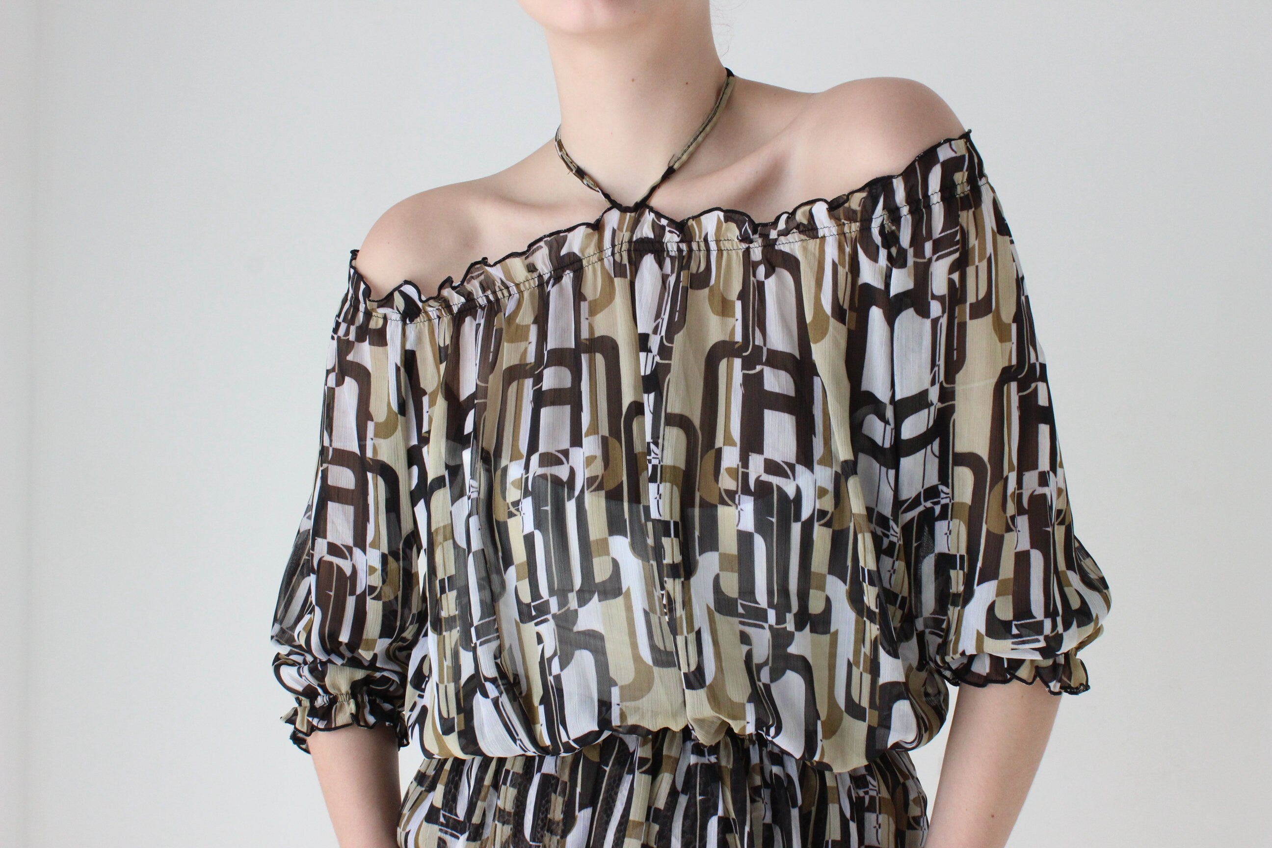 Y2K Printed Chiffon Halter / Off Shoulder Disco Top