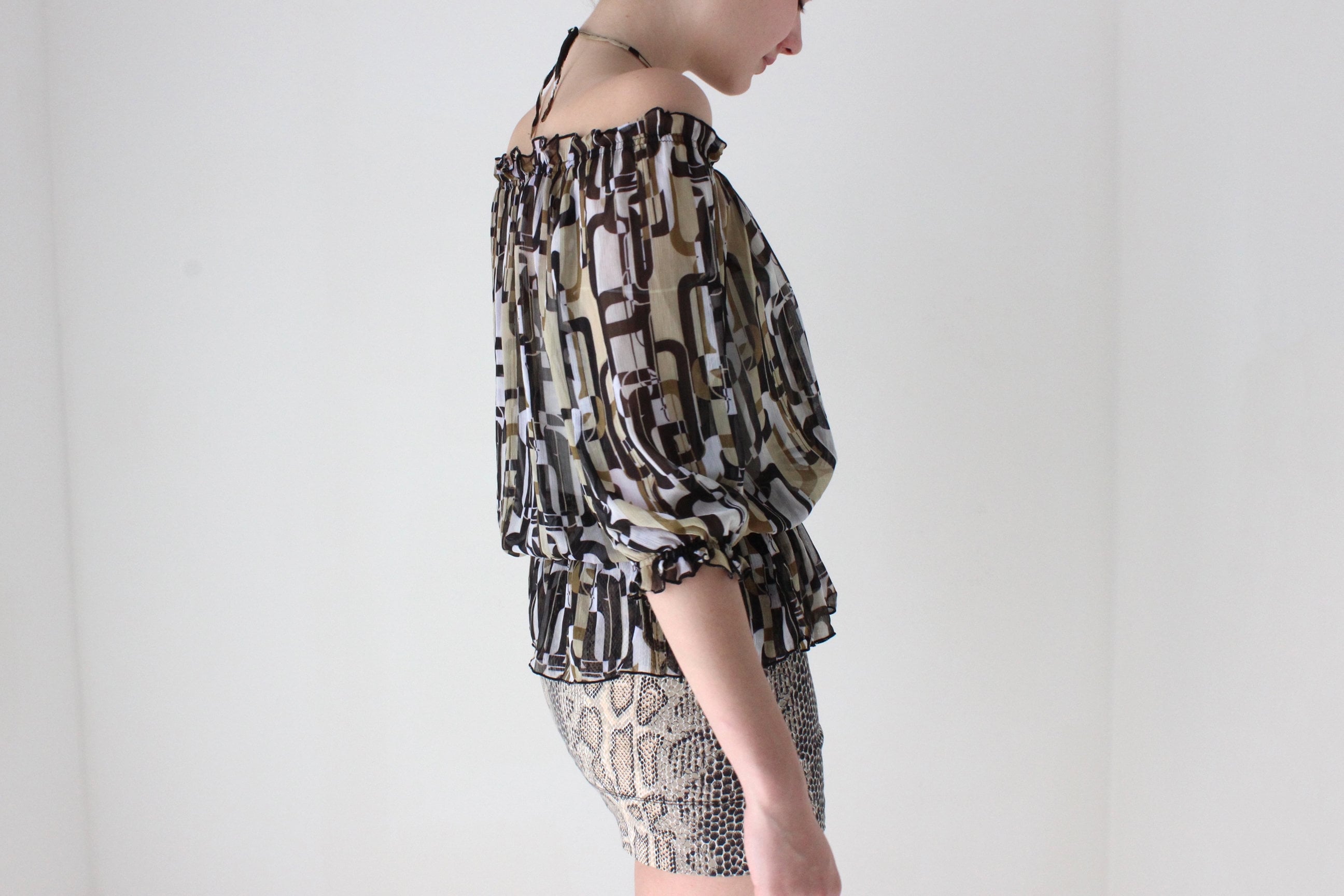 Y2K Printed Chiffon Halter / Off Shoulder Disco Top