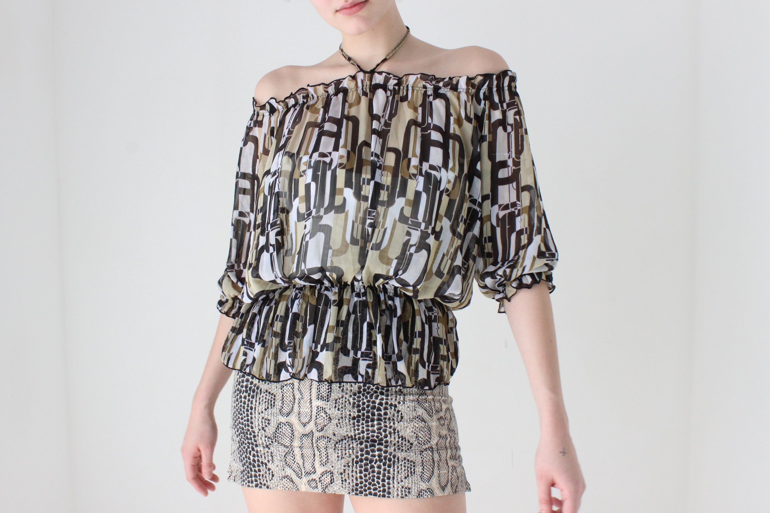 Y2K Printed Chiffon Halter / Off Shoulder Disco Top