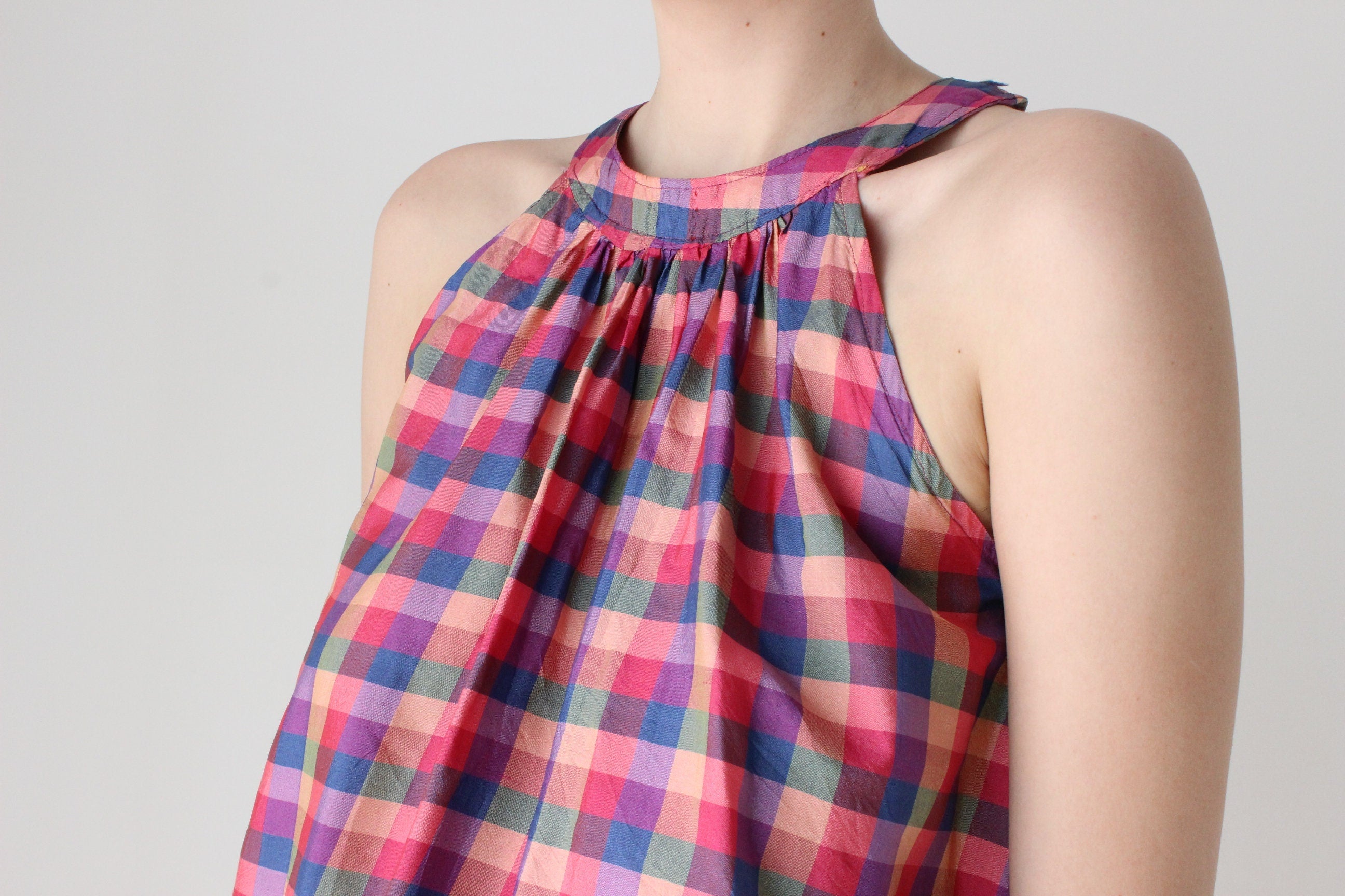 80s Handmade Silk Checked Trapeze Top