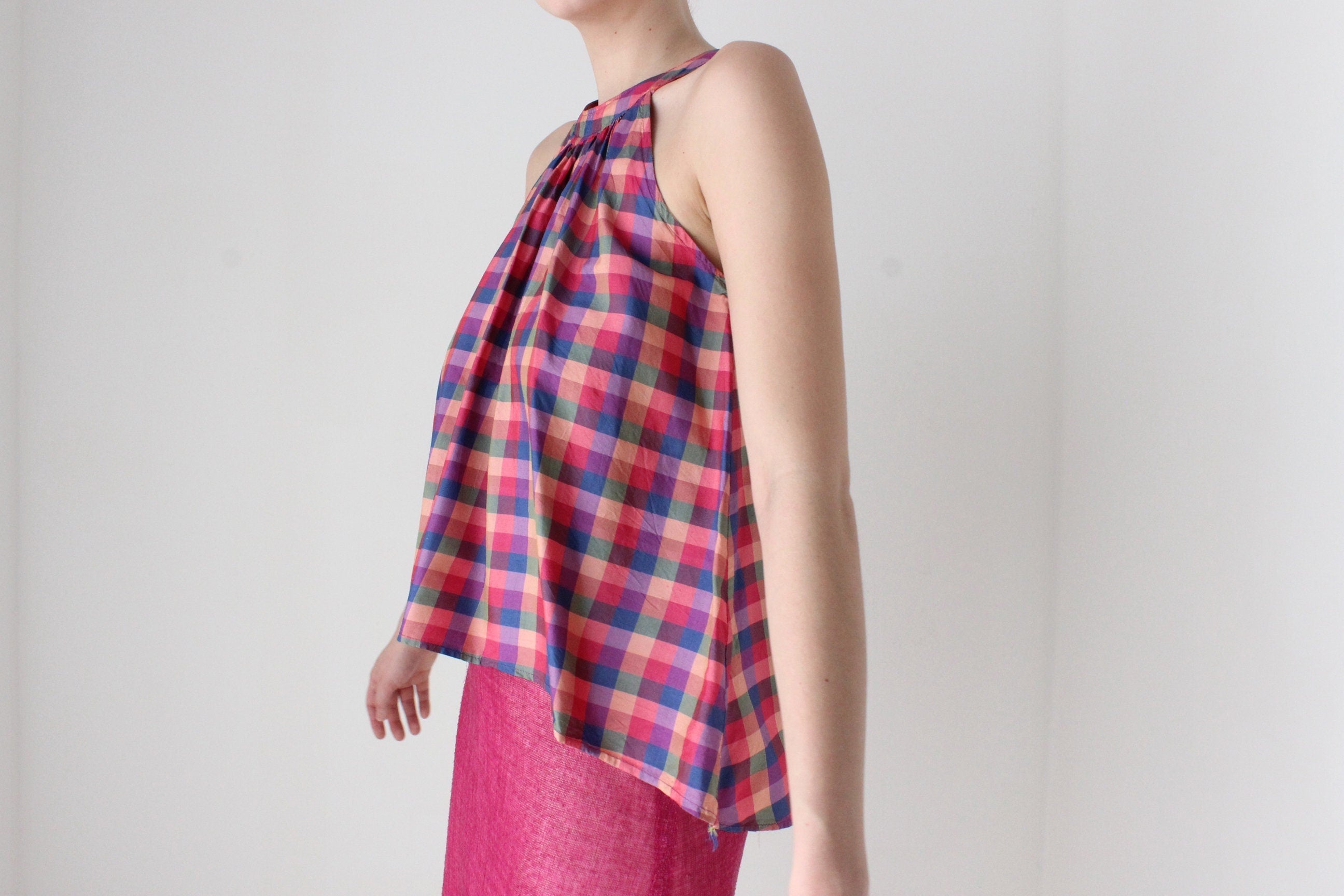 80s Handmade Silk Checked Trapeze Top