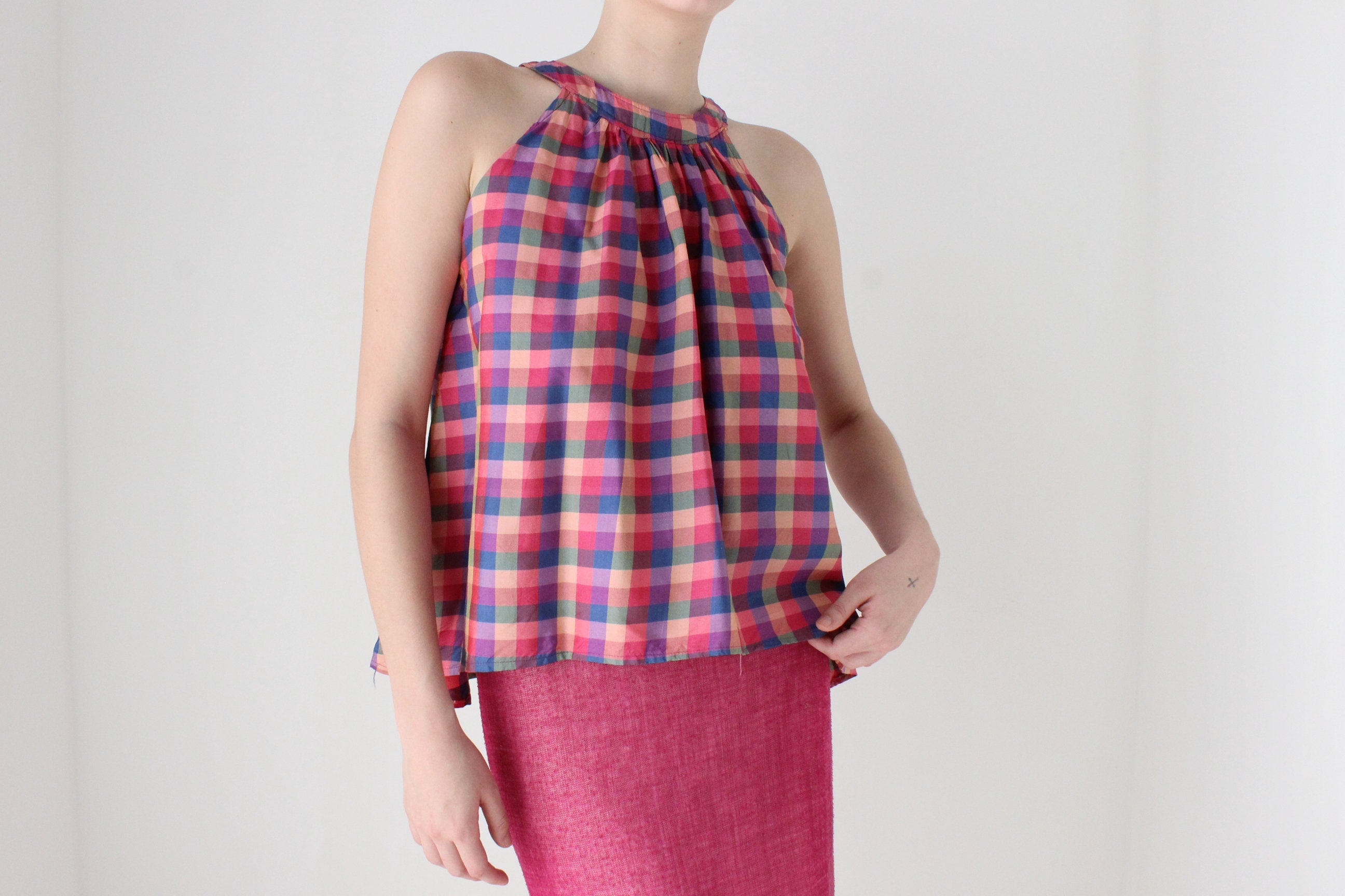 80s Handmade Silk Checked Trapeze Top