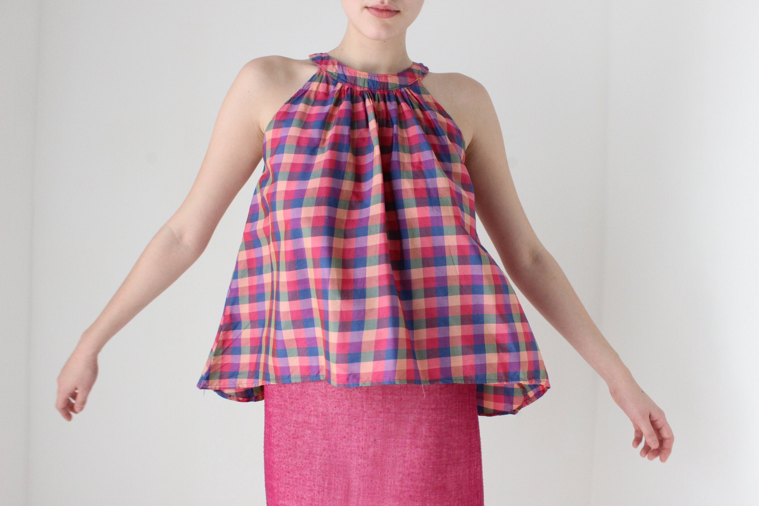 80s Handmade Silk Checked Trapeze Top