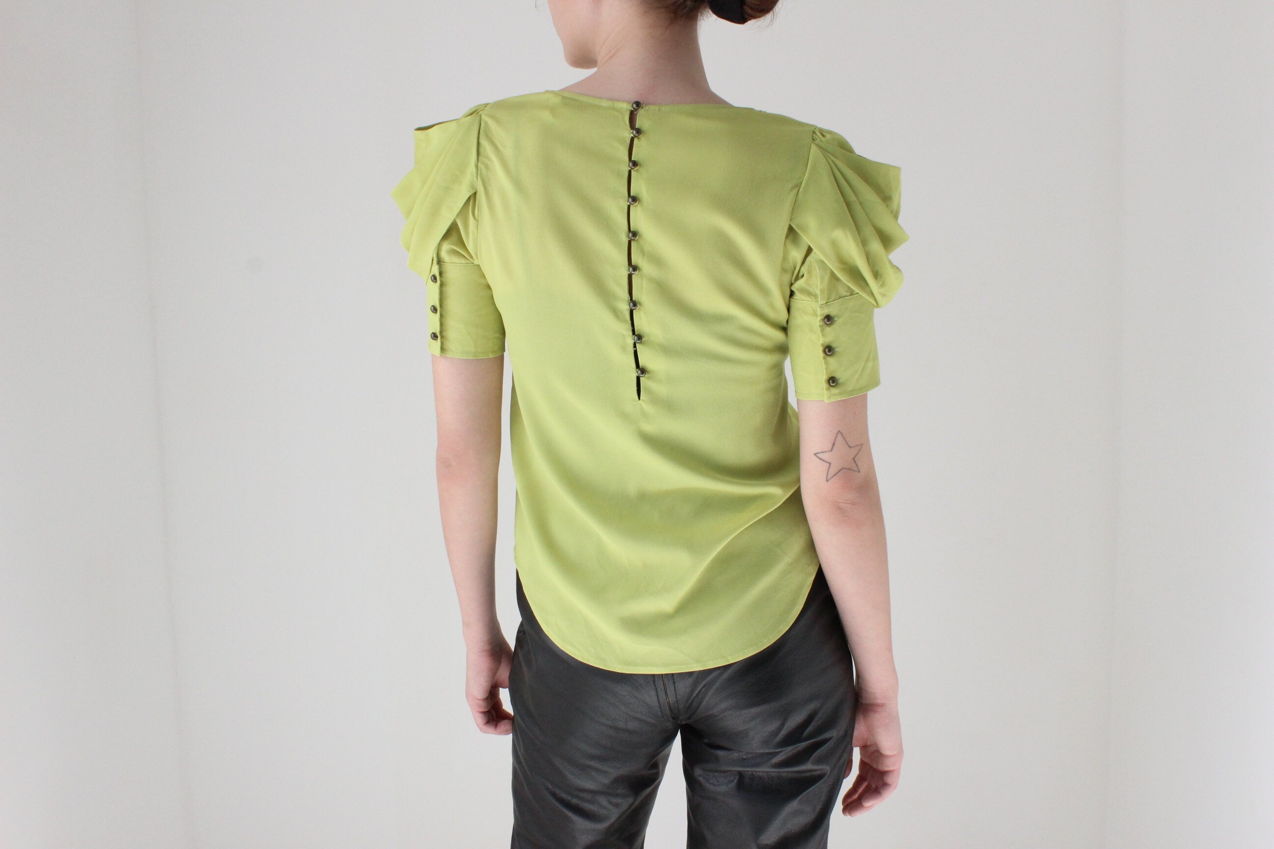 Y2K Chartreuse Sculptural Pagoda Sleeve Puff Shoulder Top