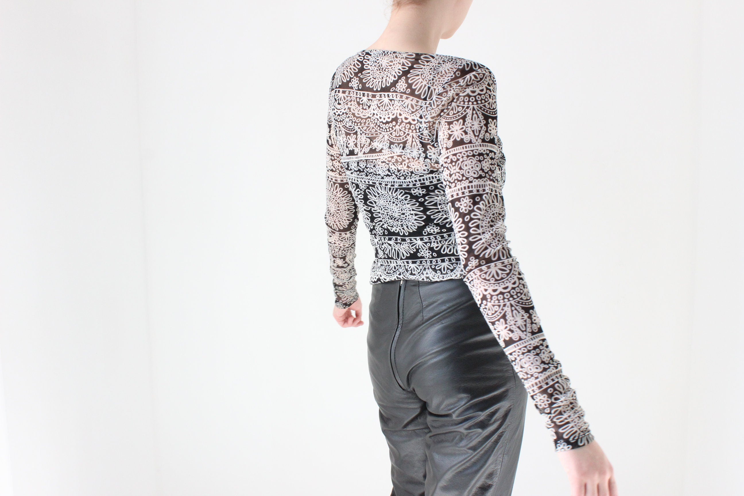 Y2K Printed Mesh Plunge Neck Button Front Top