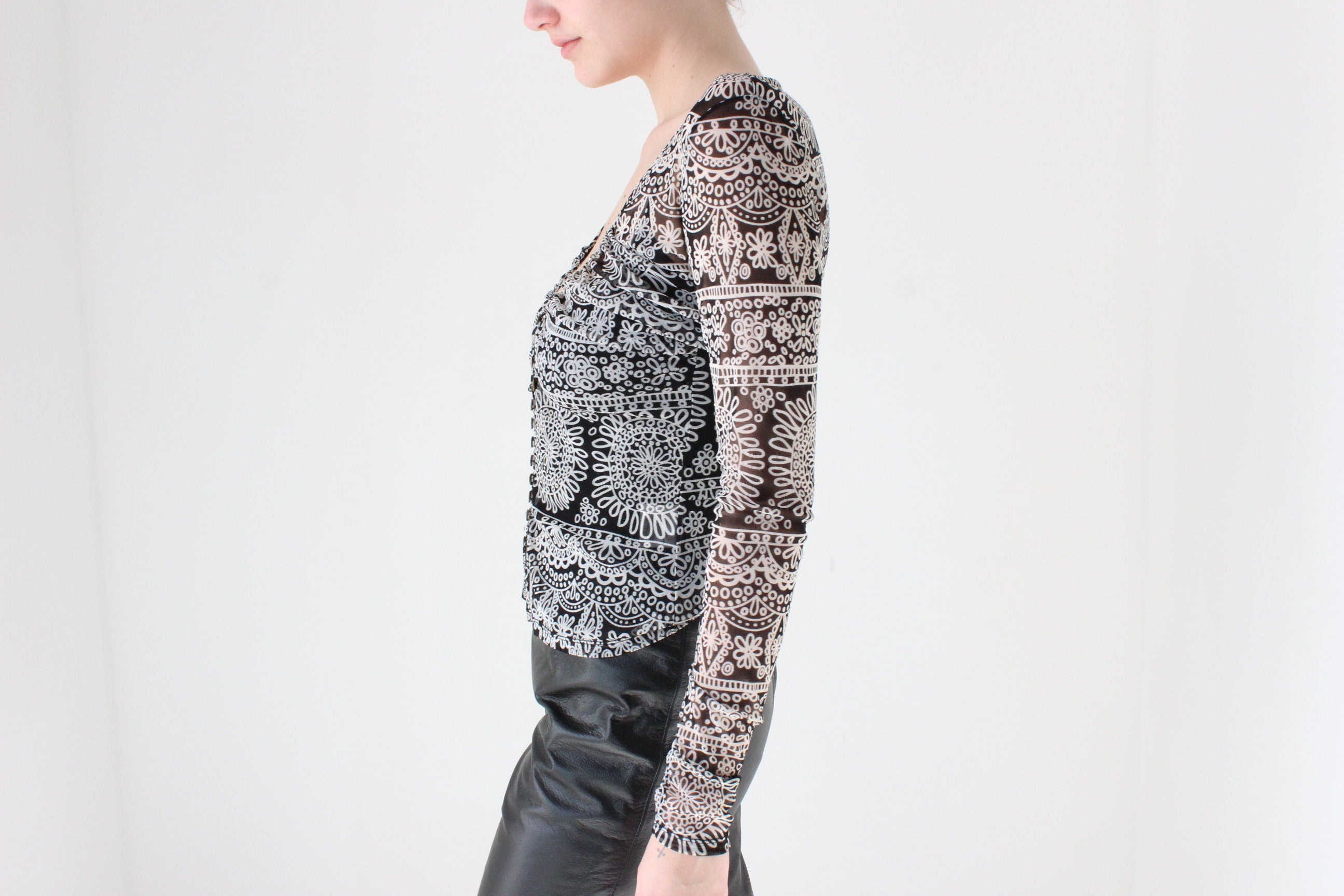 Y2K Printed Mesh Plunge Neck Button Front Top