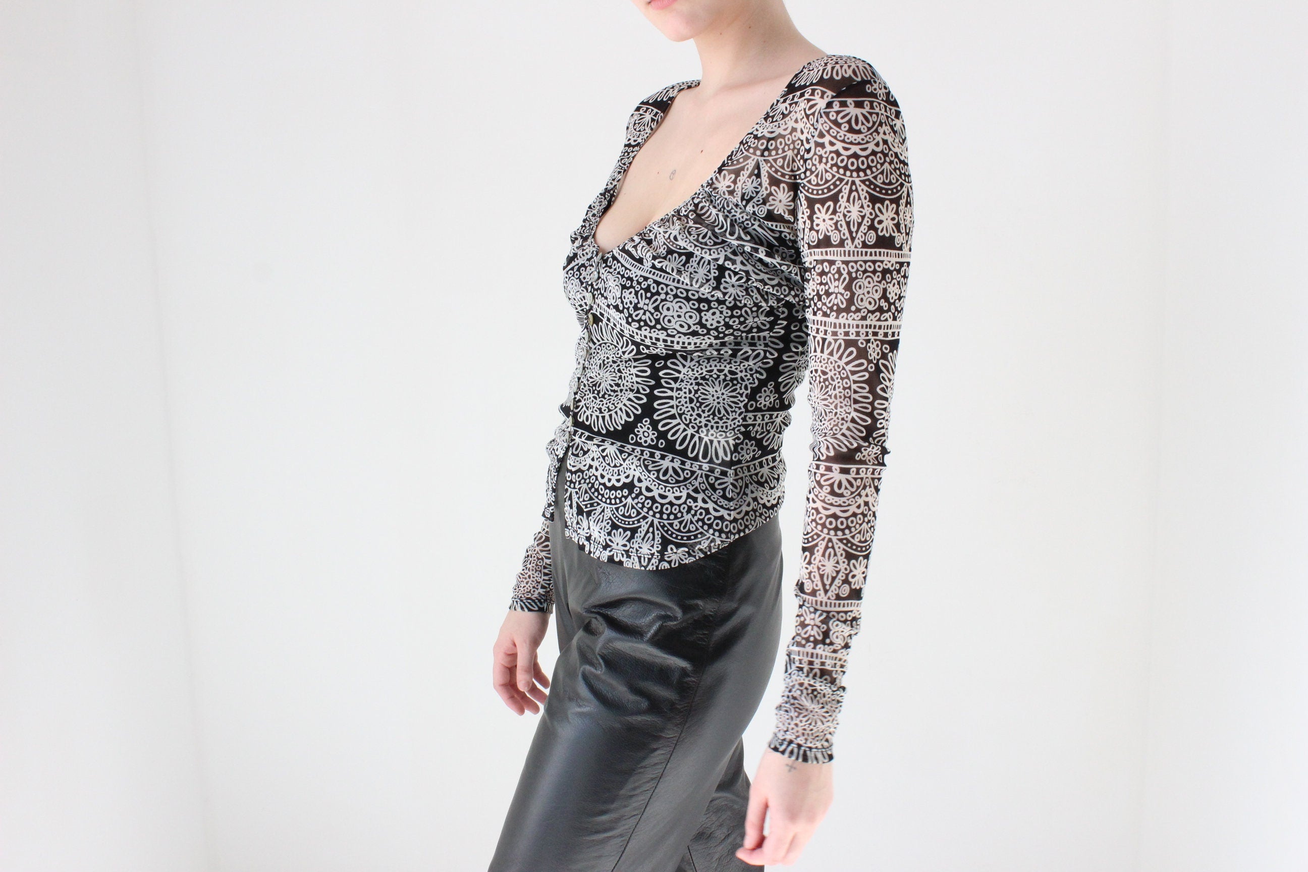 Y2K Printed Mesh Plunge Neck Button Front Top