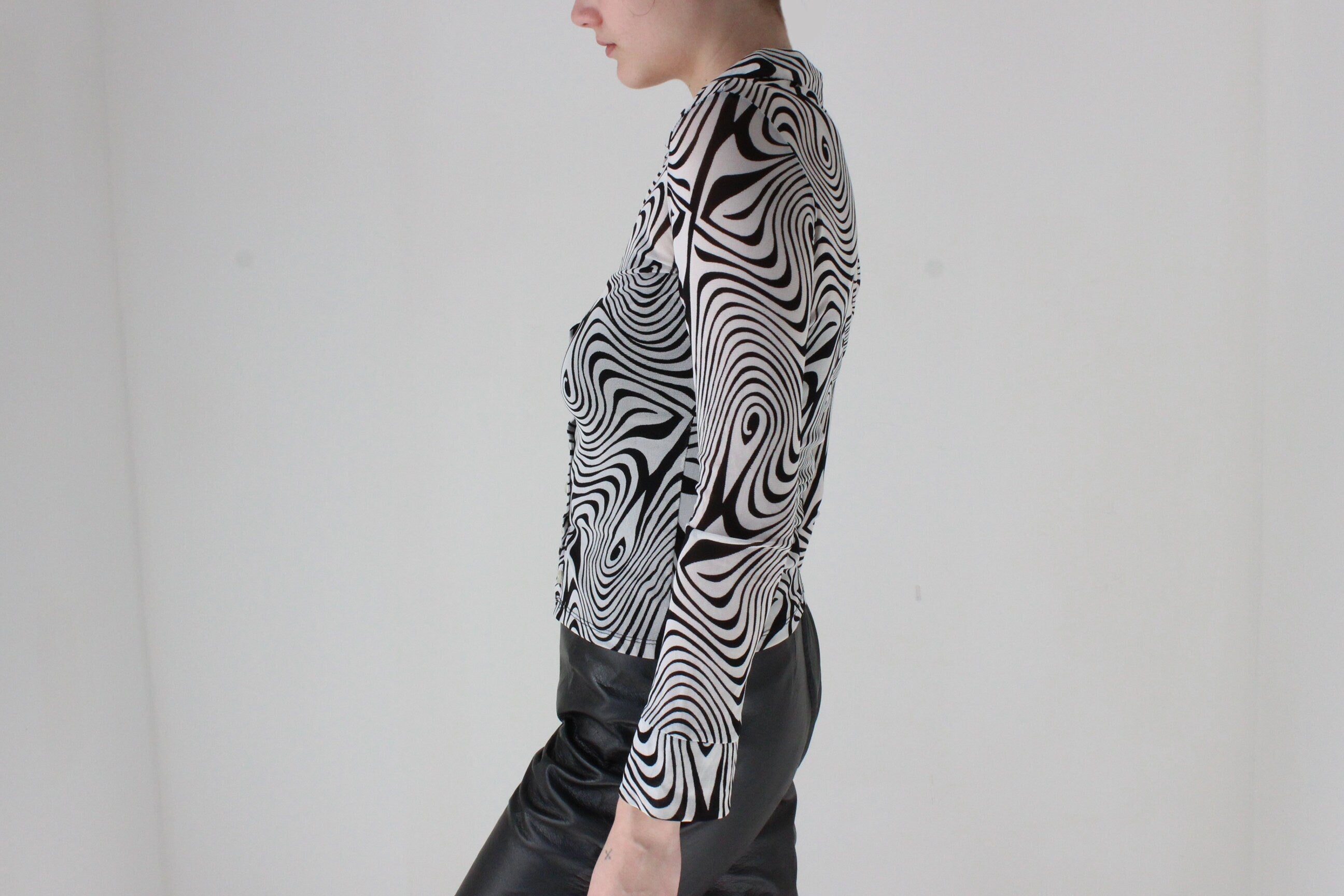 Y2K Trippy Monochrome Printed Mesh Button Up Top