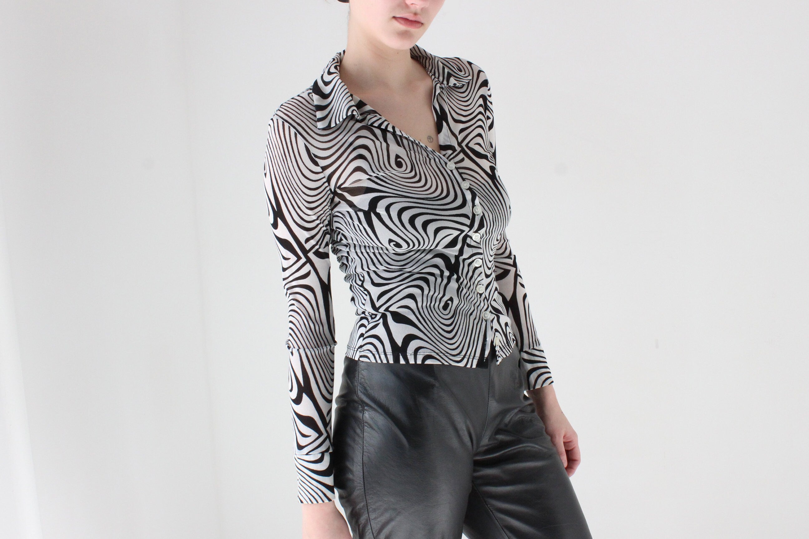 Y2K Trippy Monochrome Printed Mesh Button Up Top