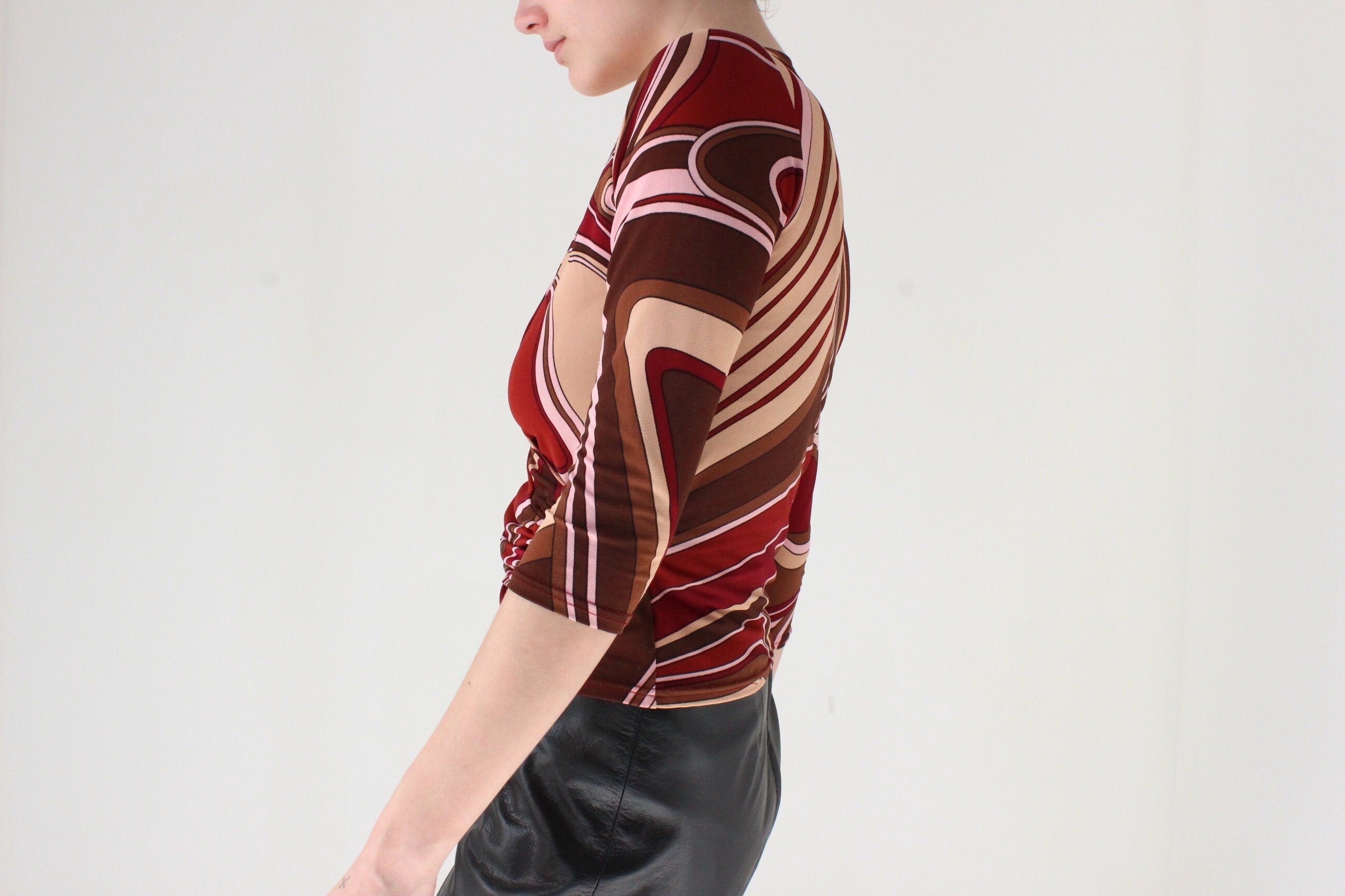 00s Does 70s Printed Disco Plunge Neck Top