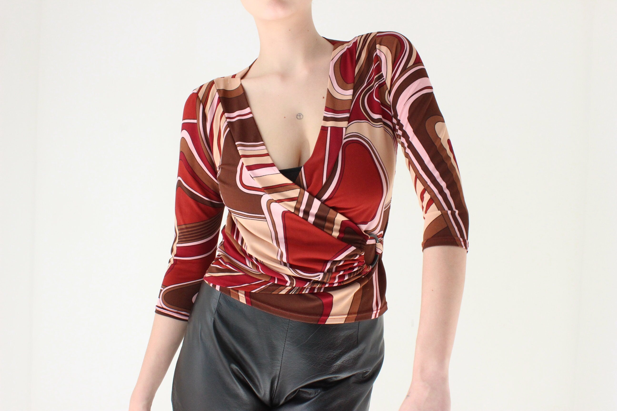 00s Does 70s Printed Disco Plunge Neck Top