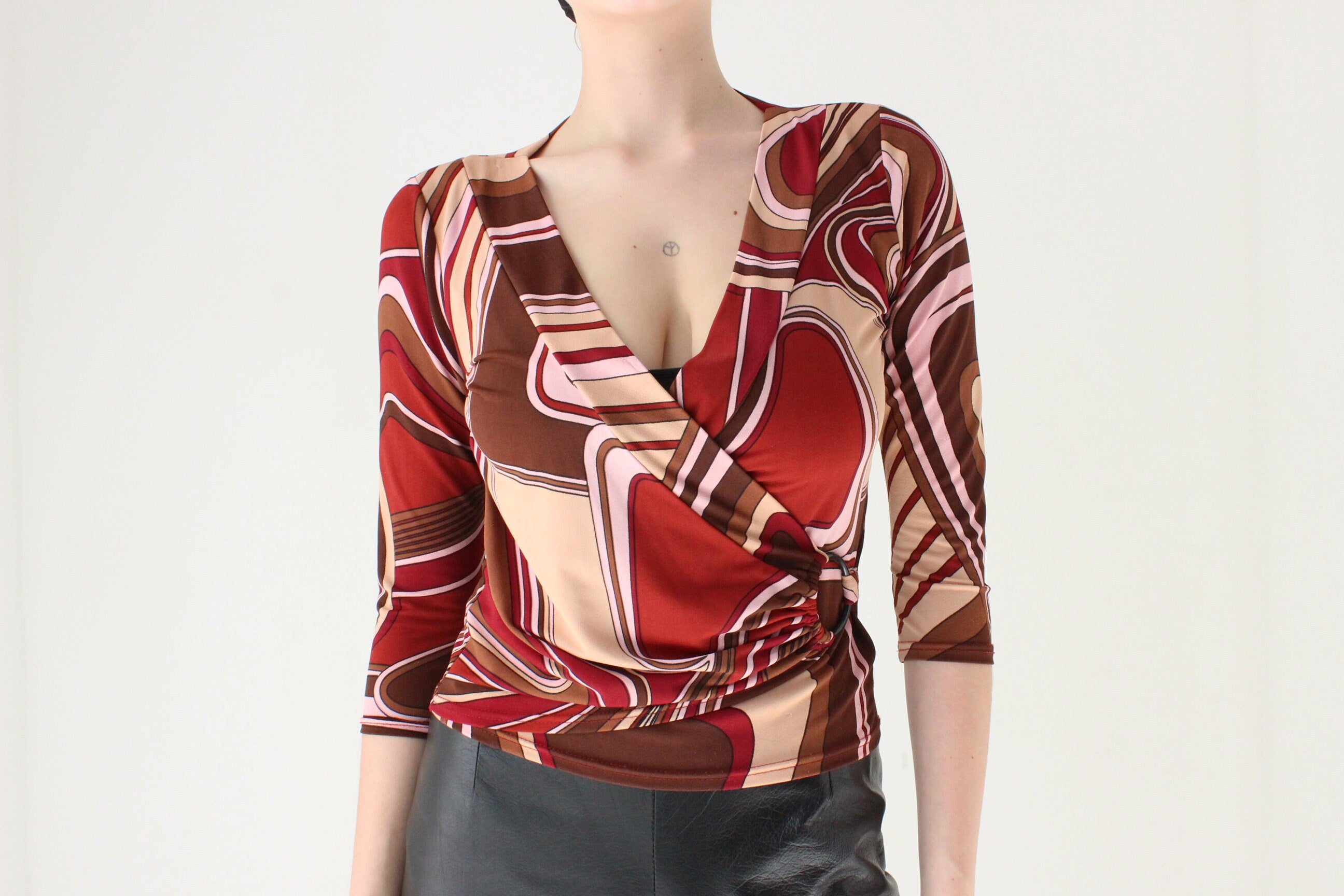 00s Does 70s Printed Disco Plunge Neck Top