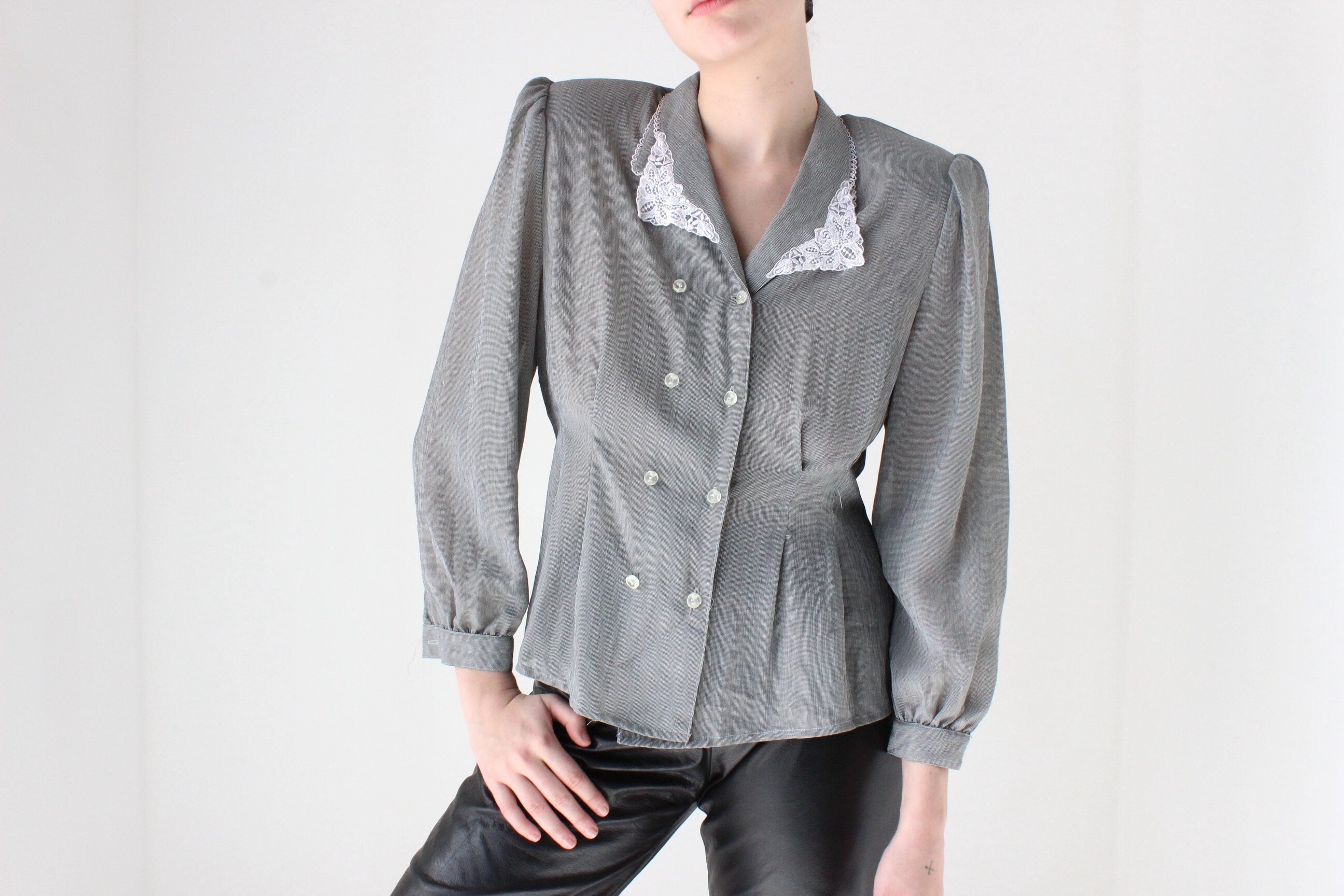 80s Sexy Secretary Lace Collar Button Up Blouse