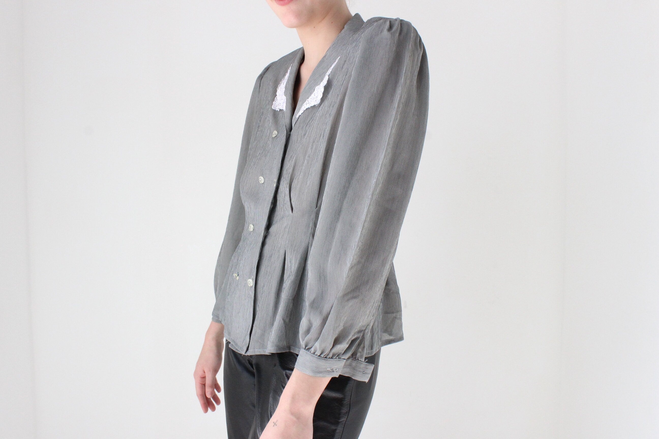 80s Sexy Secretary Lace Collar Button Up Blouse