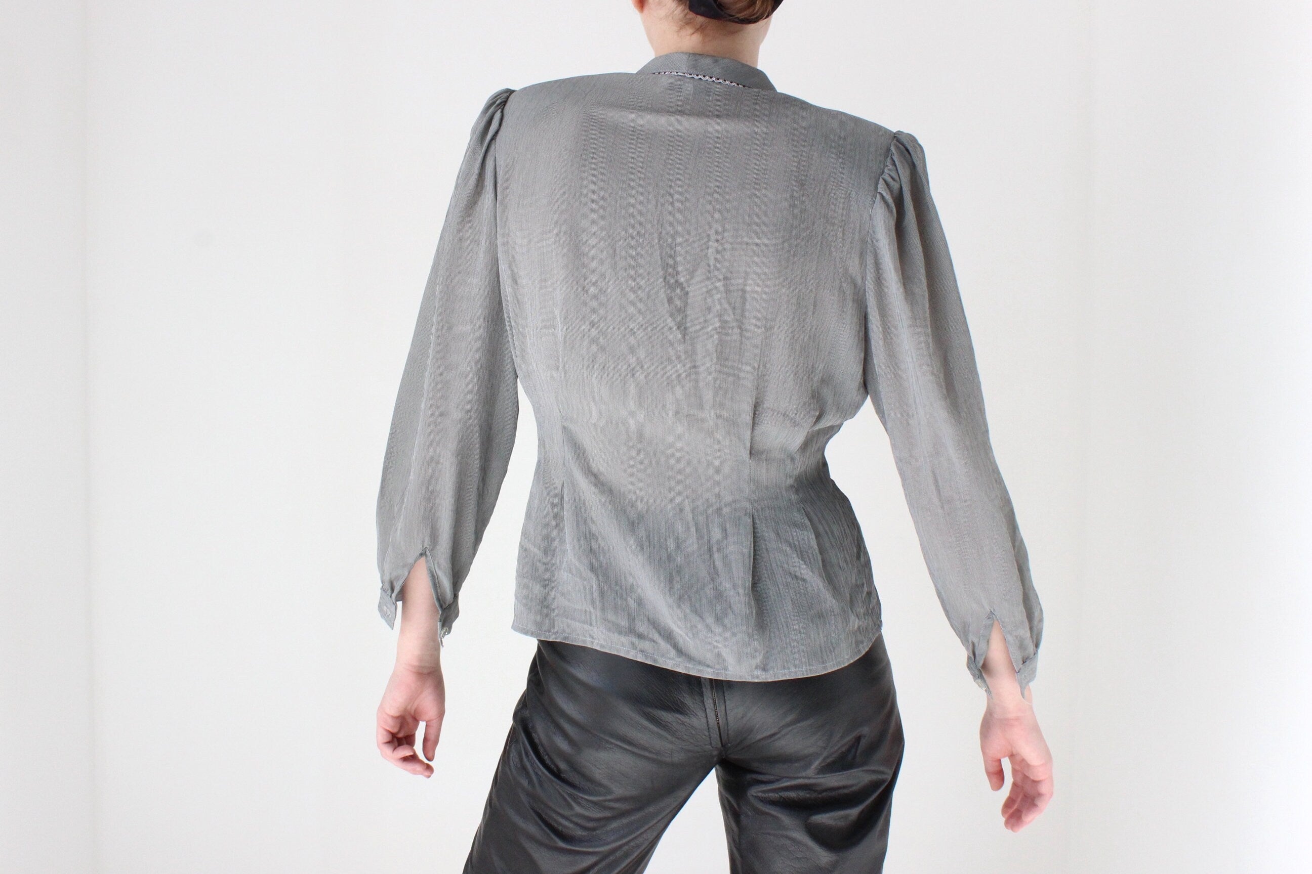 80s Sexy Secretary Lace Collar Button Up Blouse