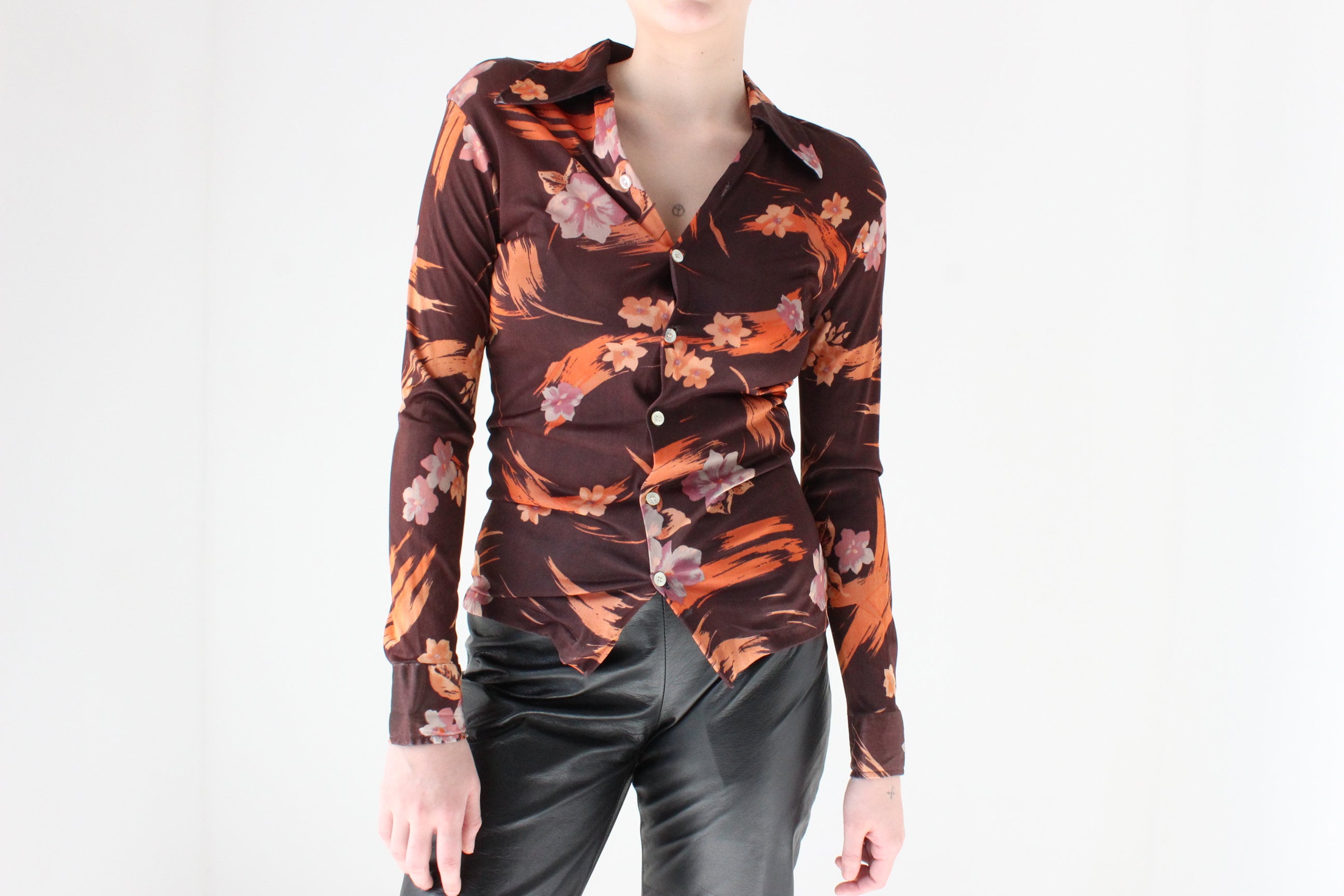 70s Disco Kitten Floral Stretch Fitted Blouse