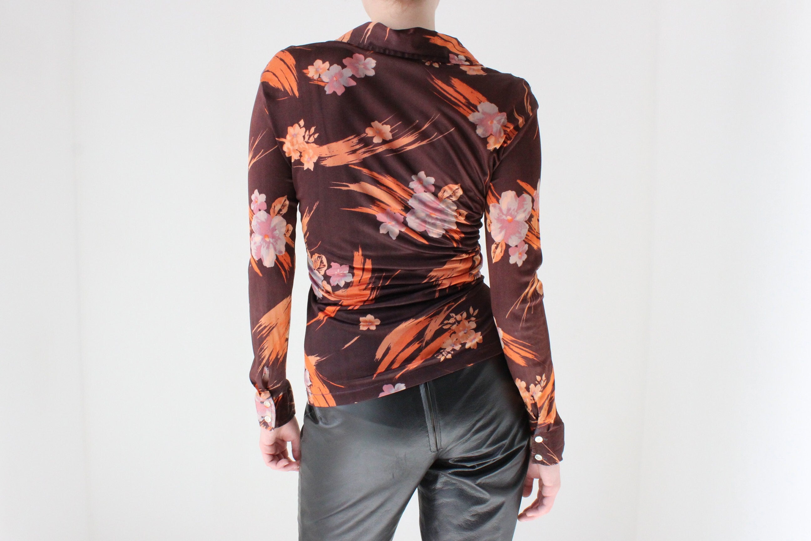 70s Disco Kitten Floral Stretch Fitted Blouse