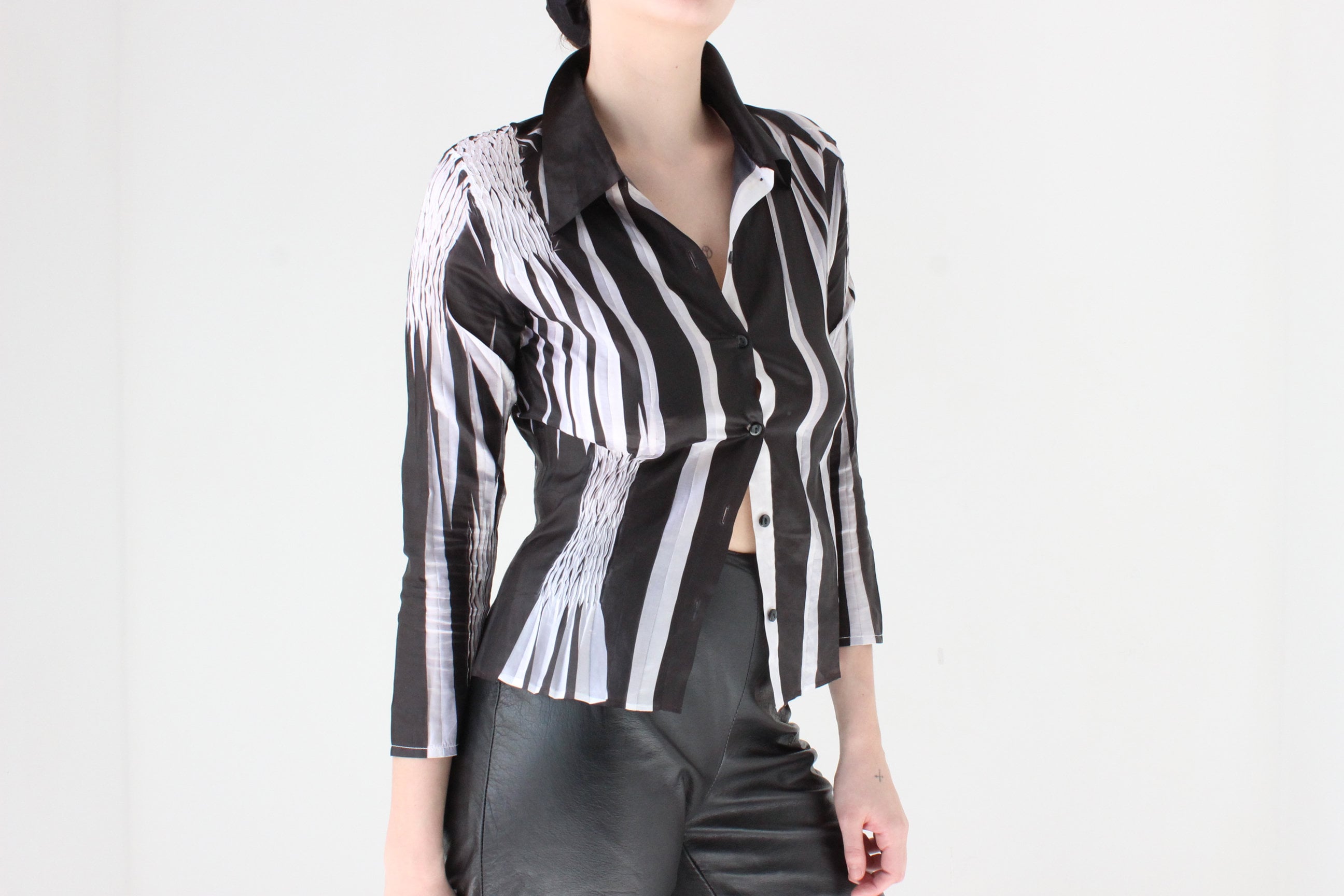 Y2K Origami Crinkle Textured Monochrome Stretch Shirt