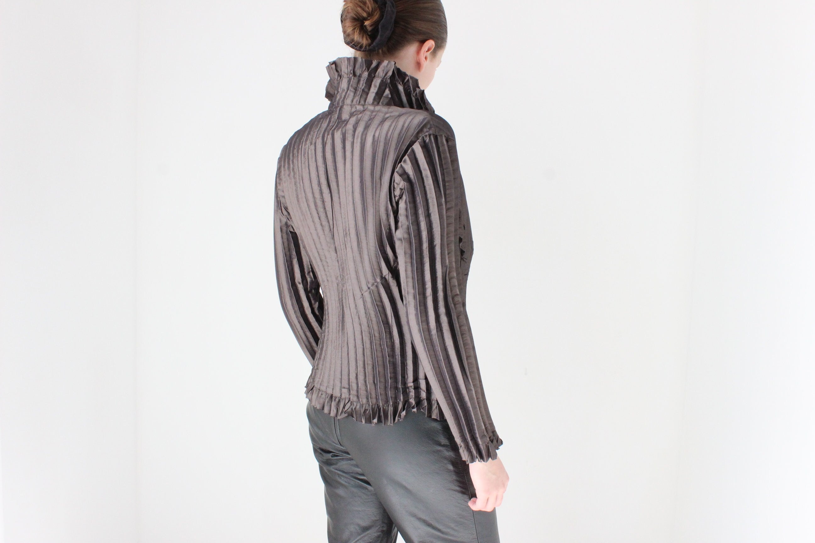 Y2K Metallic Pleated Crinkle Stretch Ruffle Top