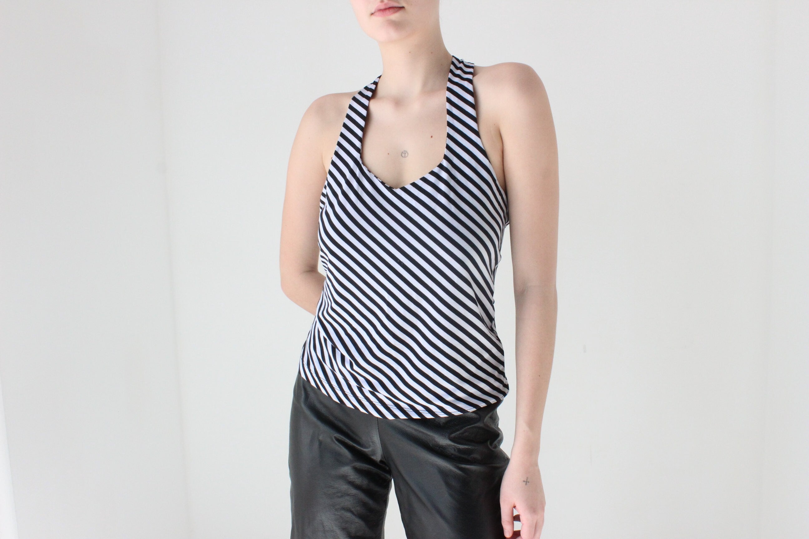 Y2K Black & White Monochrome Stripe Halter Neck Tank