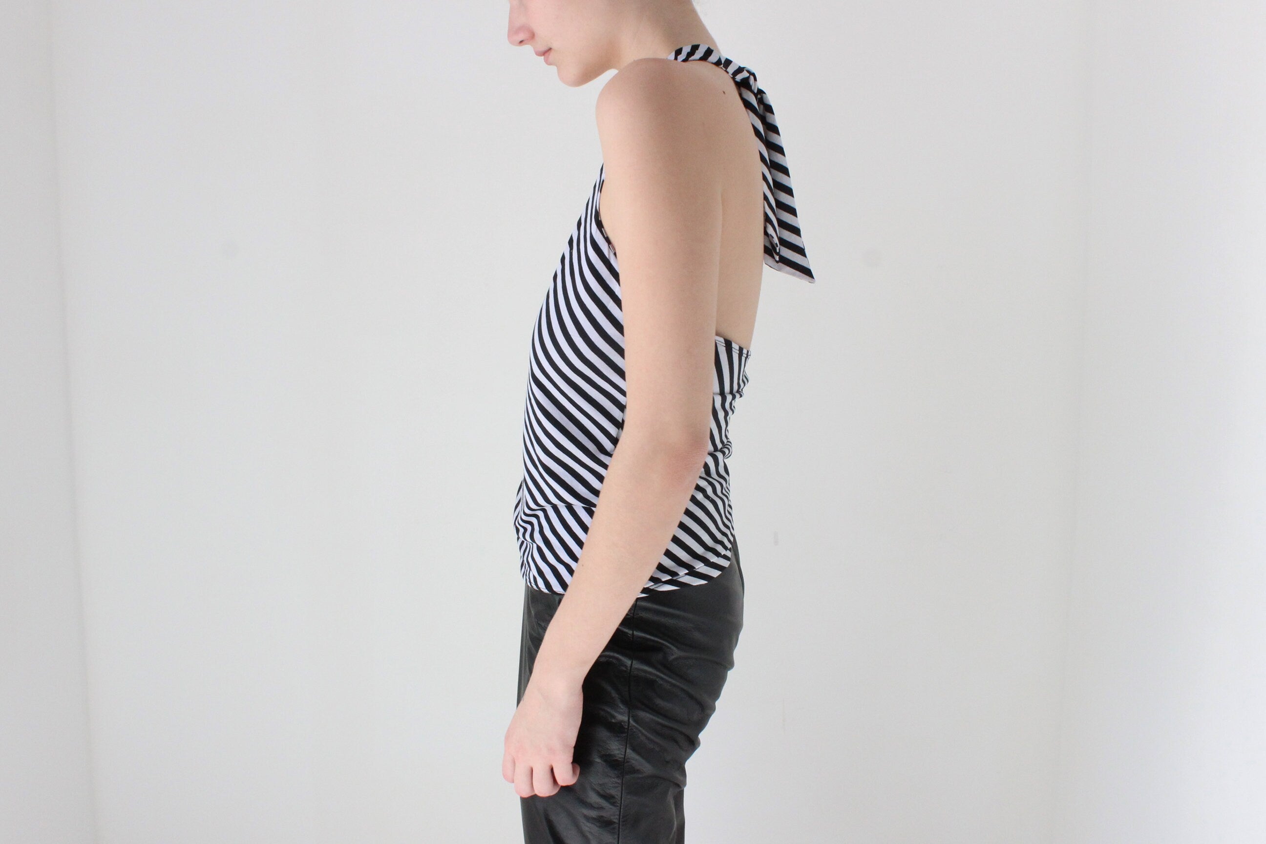 Y2K Black & White Monochrome Stripe Halter Neck Tank