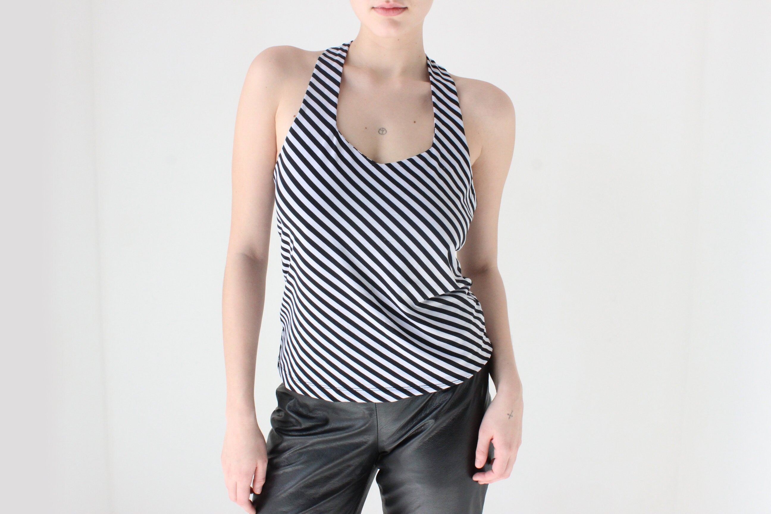 Y2K Black & White Monochrome Stripe Halter Neck Tank