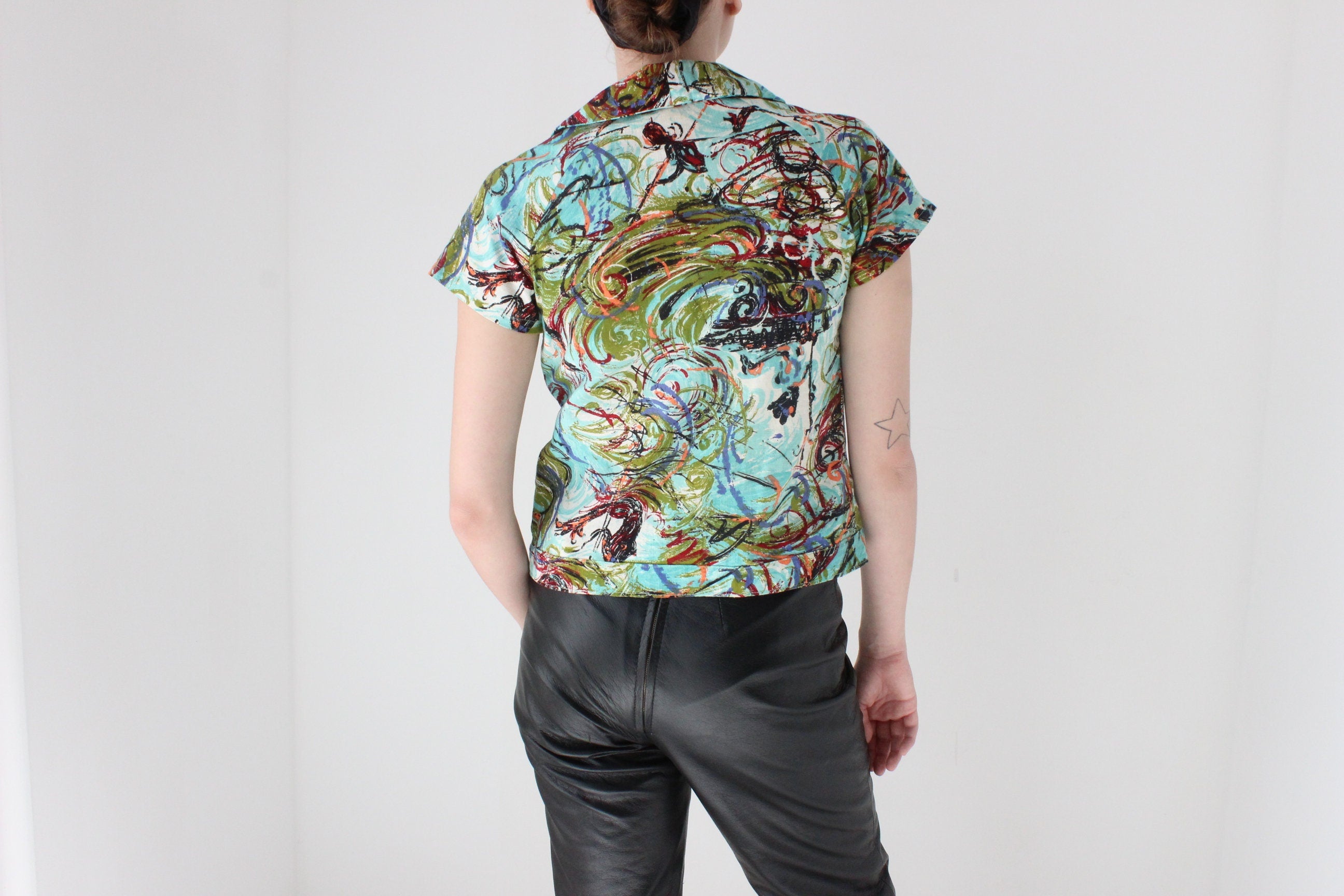 80s Abstract Paint Spatter Boxy Cotton Button Up