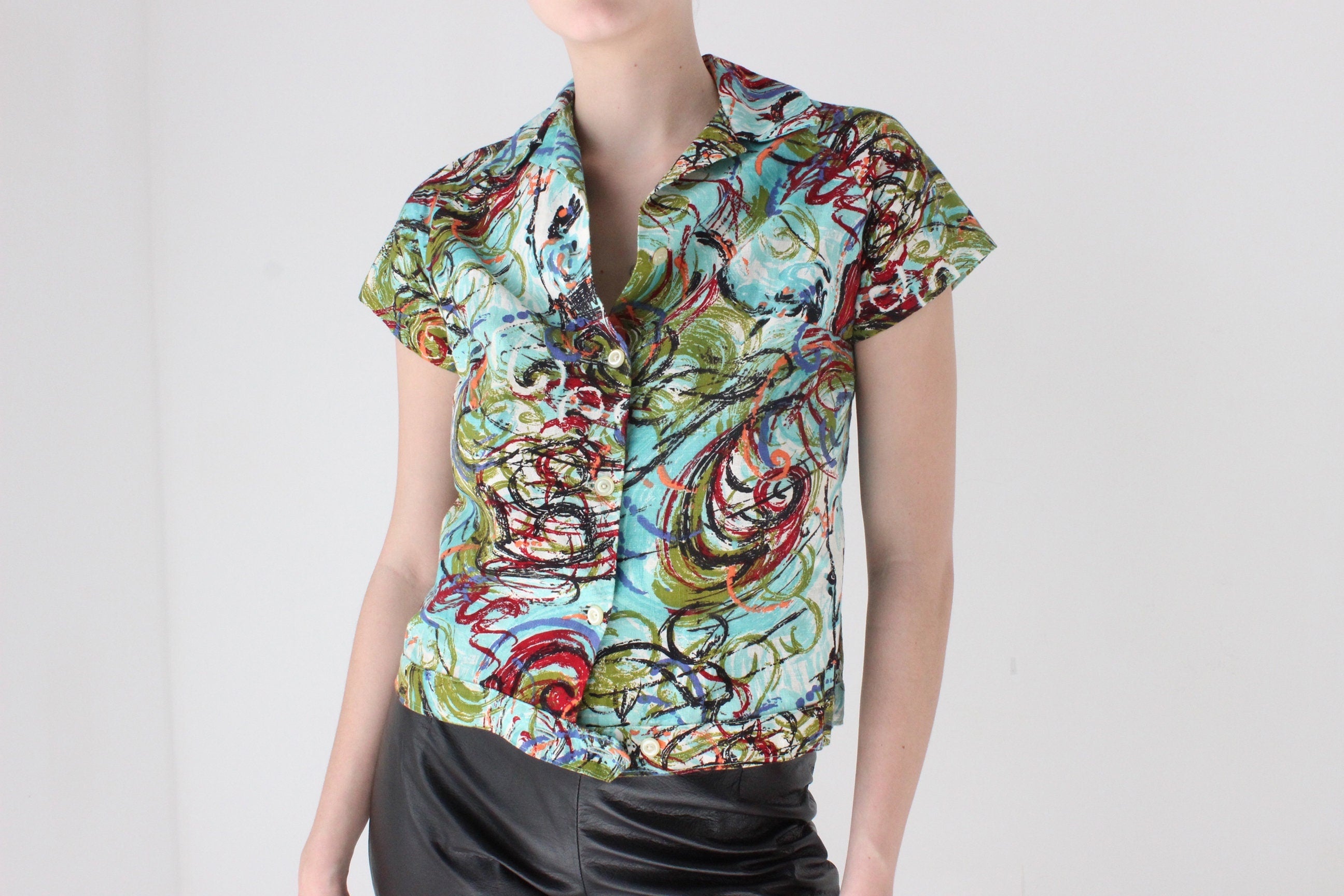 80s Abstract Paint Spatter Boxy Cotton Button Up