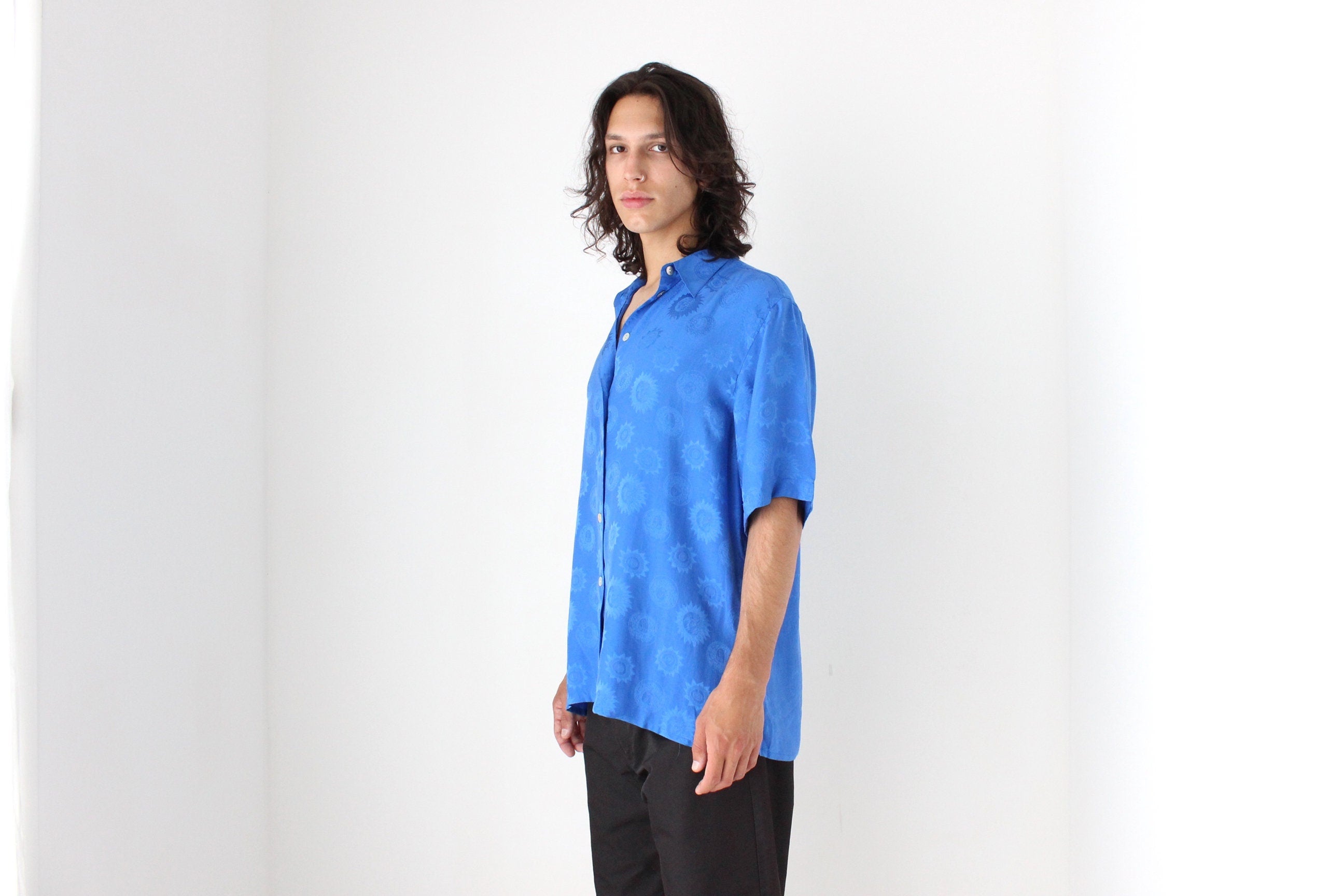 80s PURE SILK Cobalt Blue Medusa & Sun Embossed Boxy Shirt