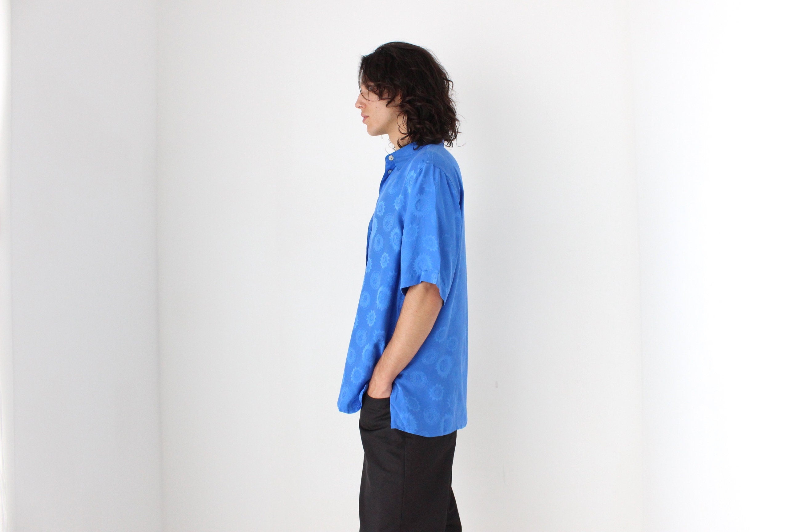 80s PURE SILK Cobalt Blue Medusa & Sun Embossed Boxy Shirt