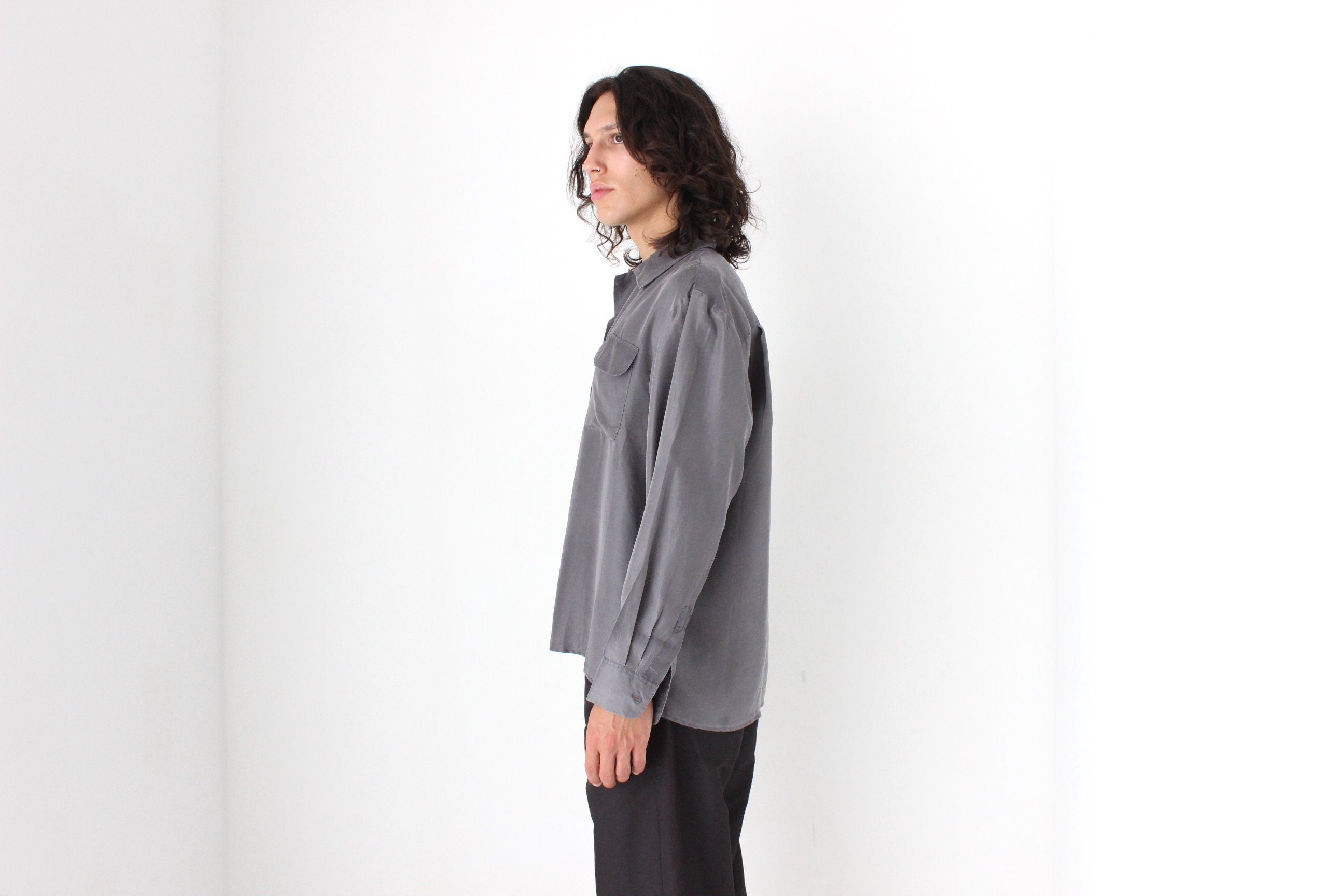 80s PURE SILK Double Pocket Long Sleeve Shirt in Grey