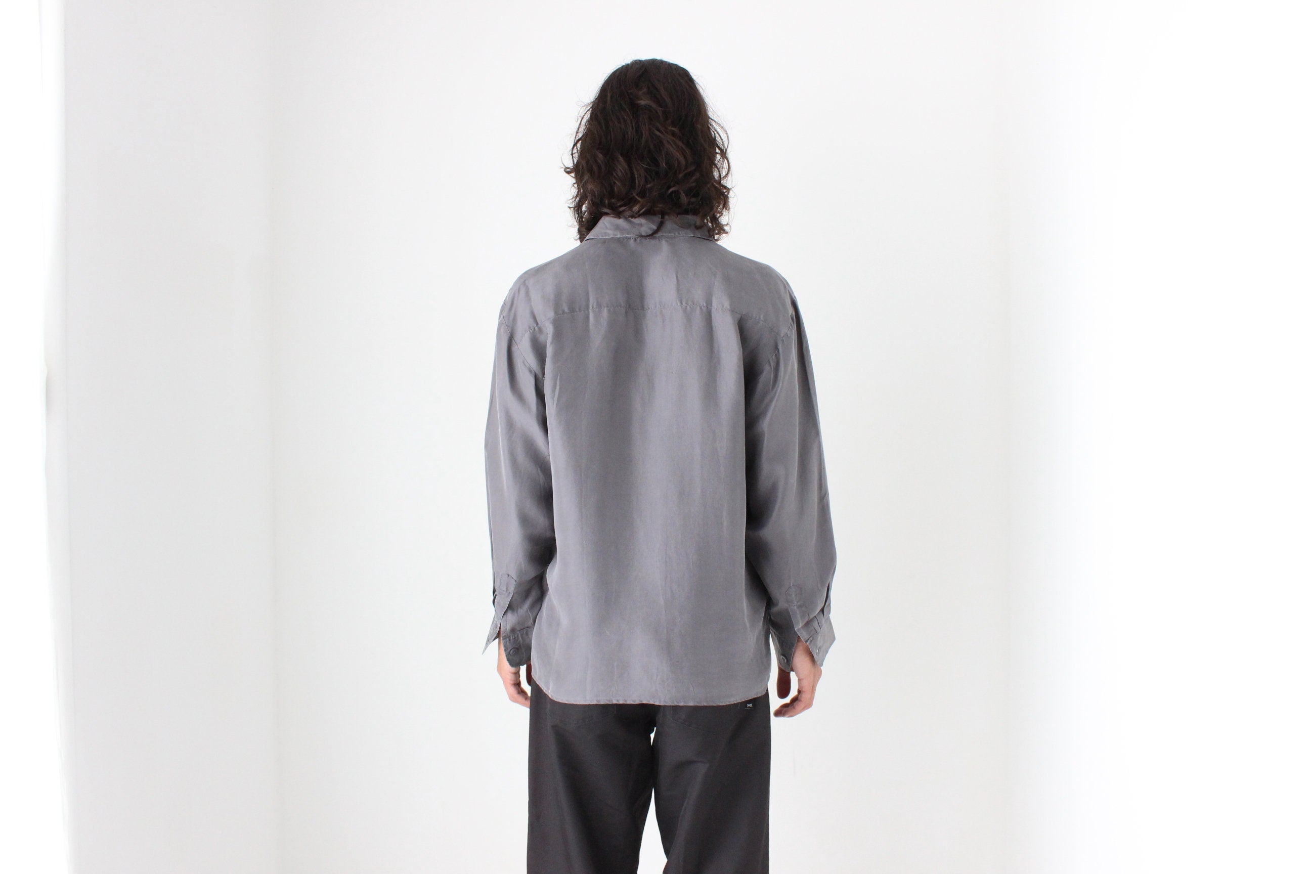 80s PURE SILK Double Pocket Long Sleeve Shirt in Grey