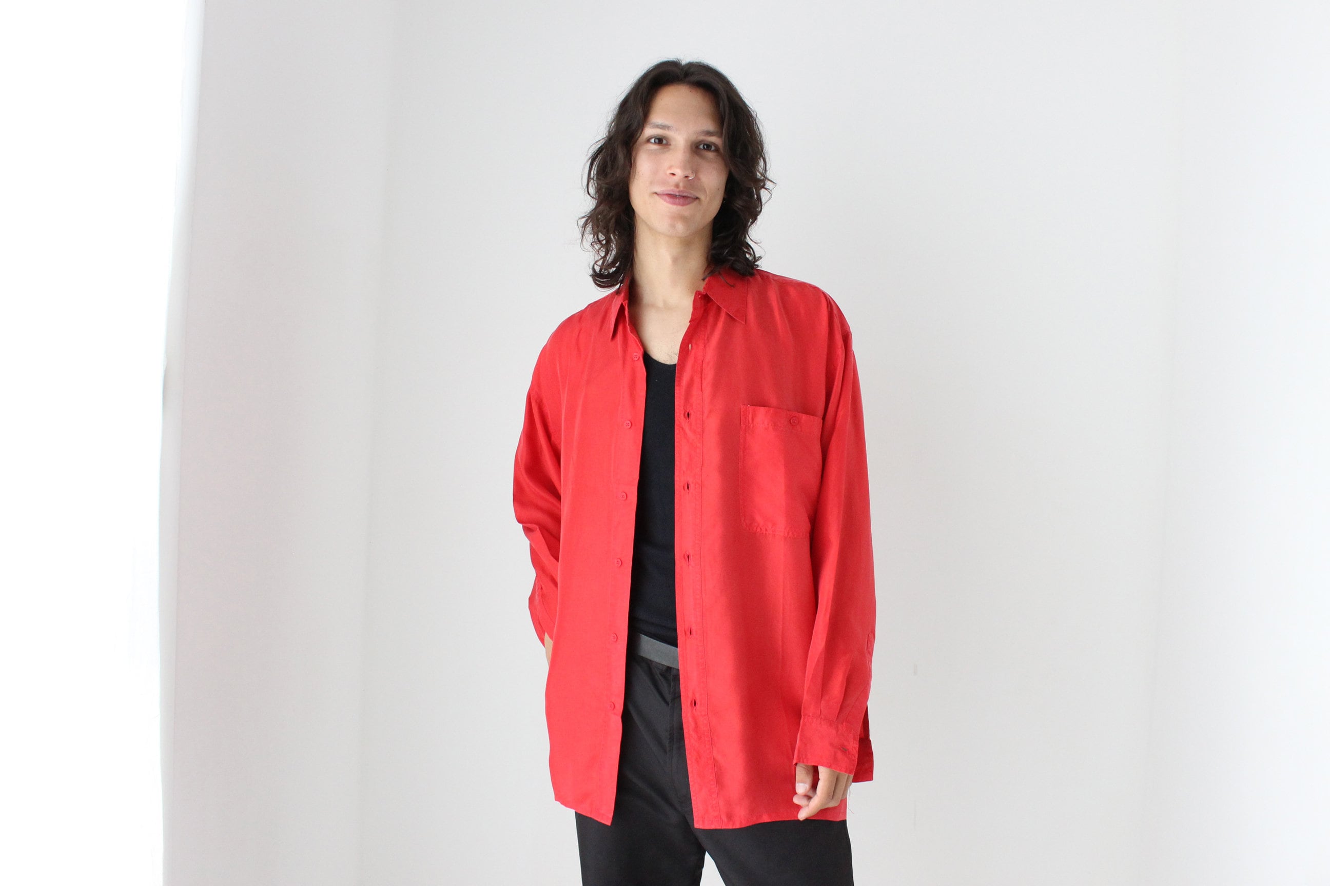80s PURE SILK Relaxed Long Sleeve Shirt in Vibrant Red