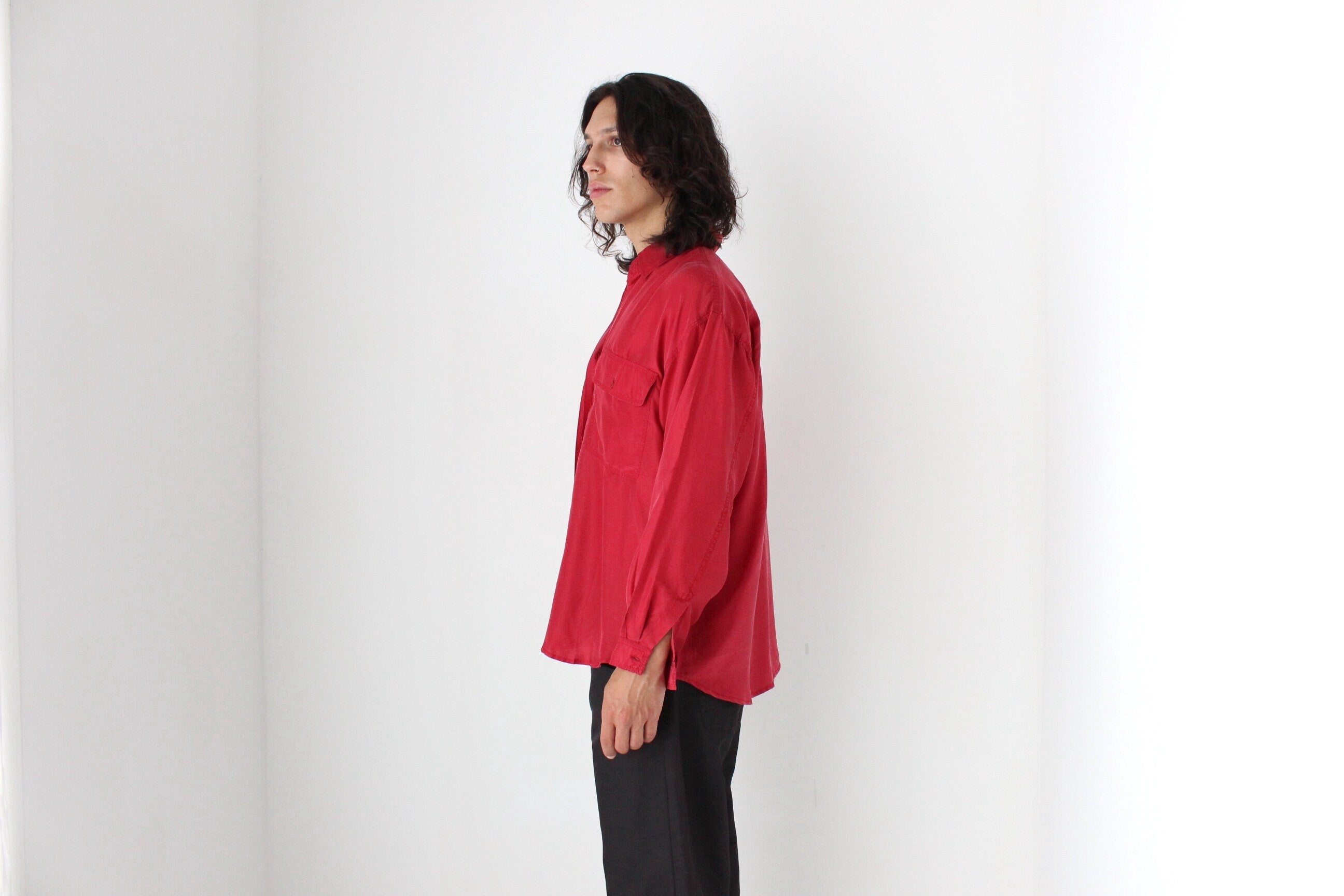 80s PURE SILK Double Pocket Long Sleeve Shirt in Red