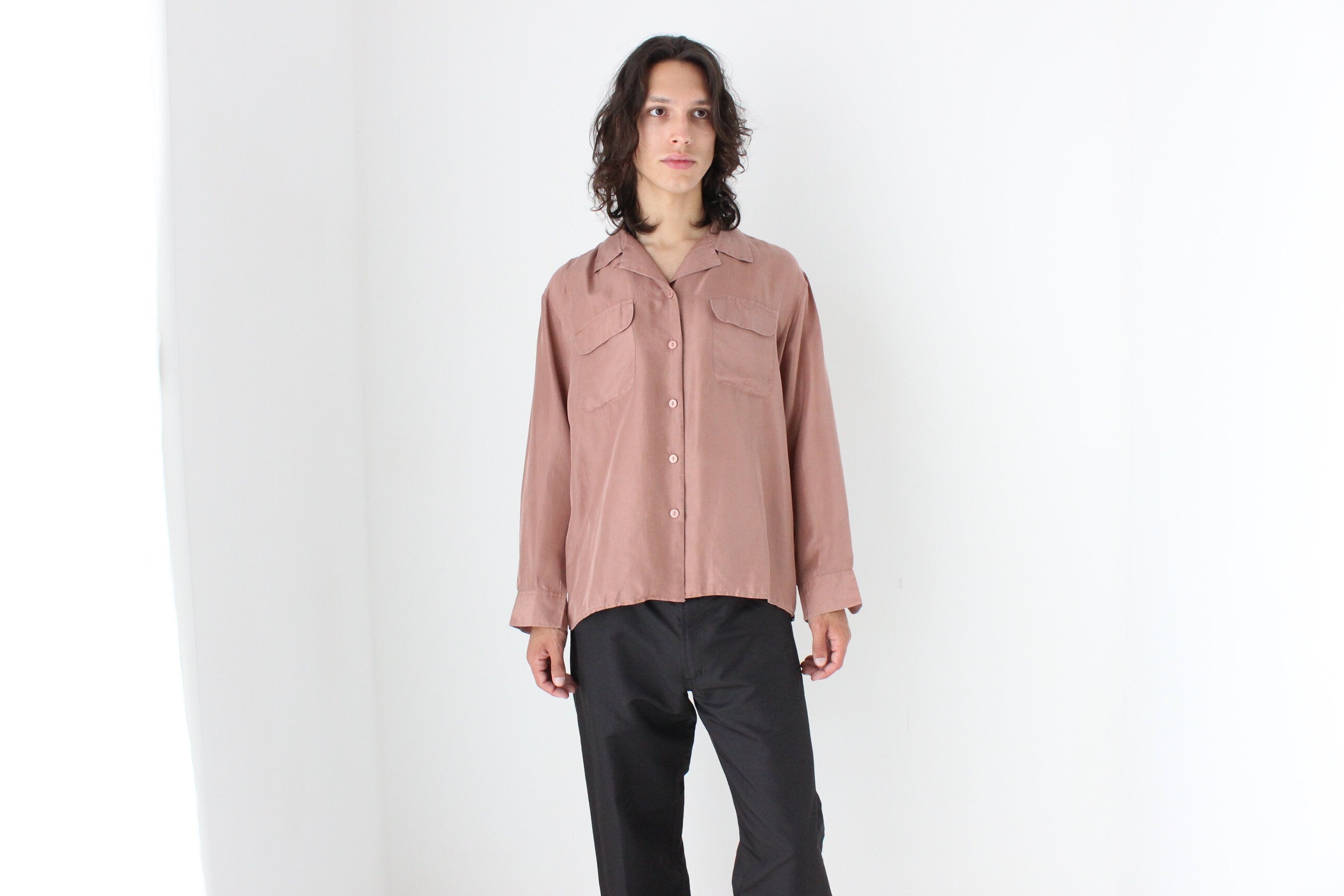 80s PURE SILK Double Pocket Long Sleeve Shirt in Mauve
