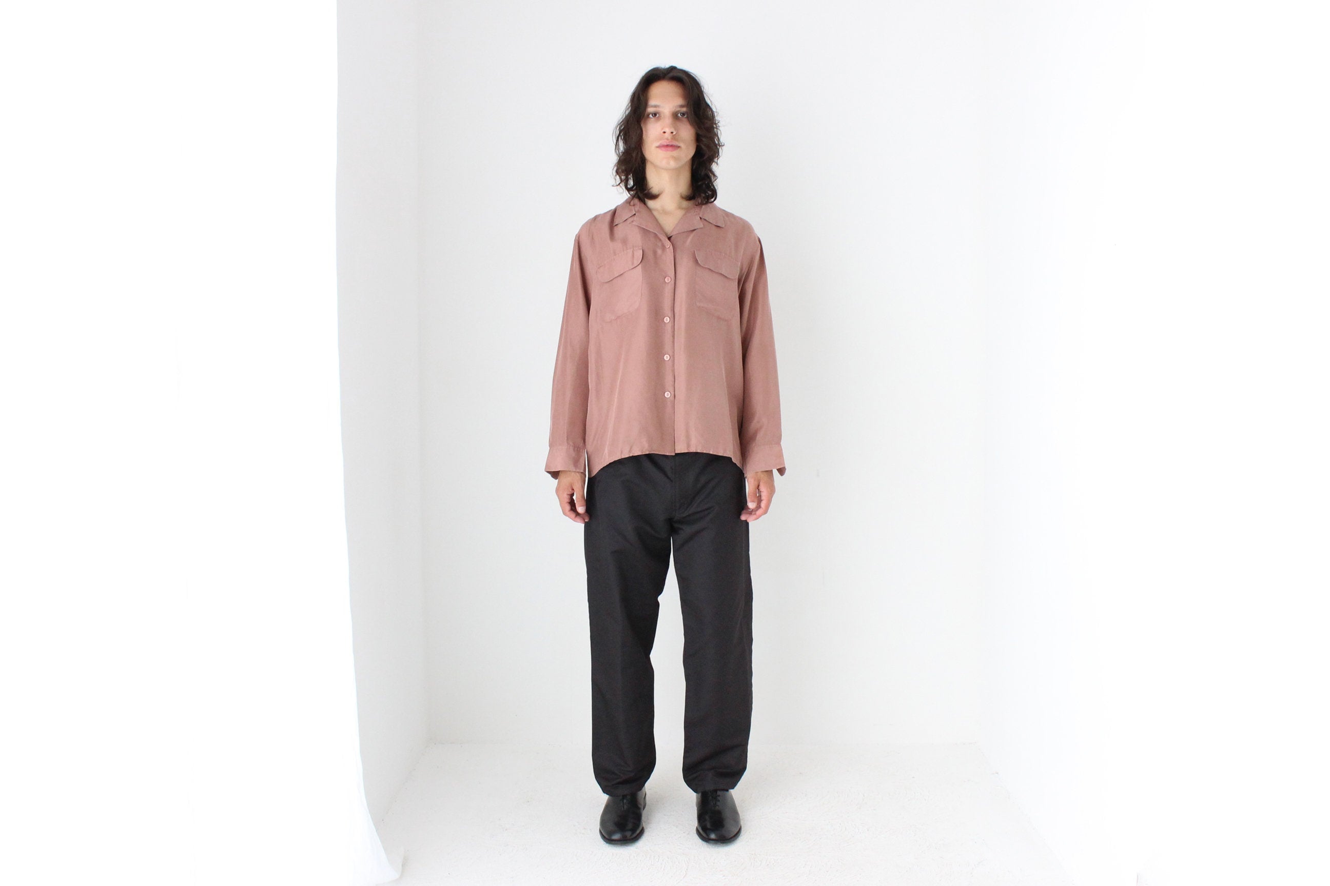 80s PURE SILK Double Pocket Long Sleeve Shirt in Mauve