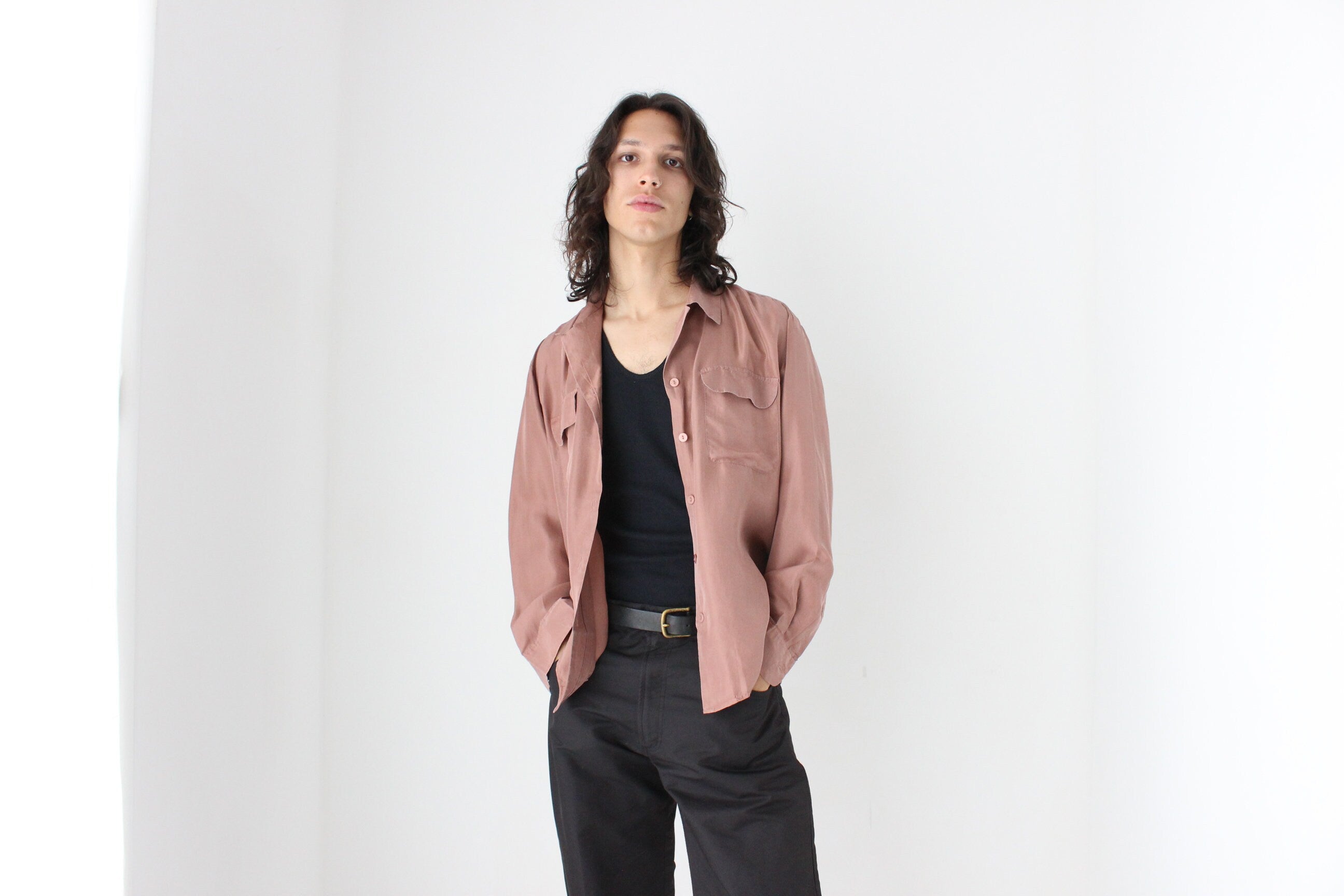80s PURE SILK Double Pocket Long Sleeve Shirt in Mauve