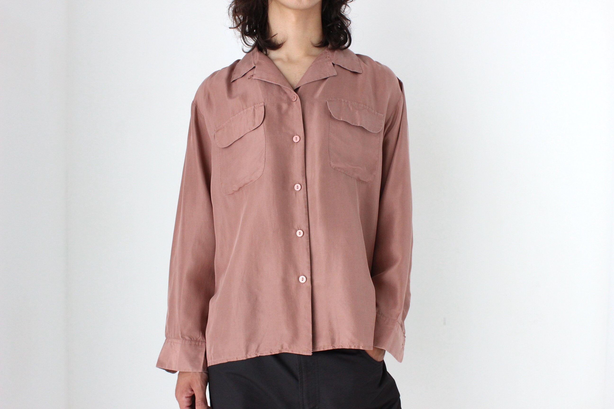 80s PURE SILK Double Pocket Long Sleeve Shirt in Mauve